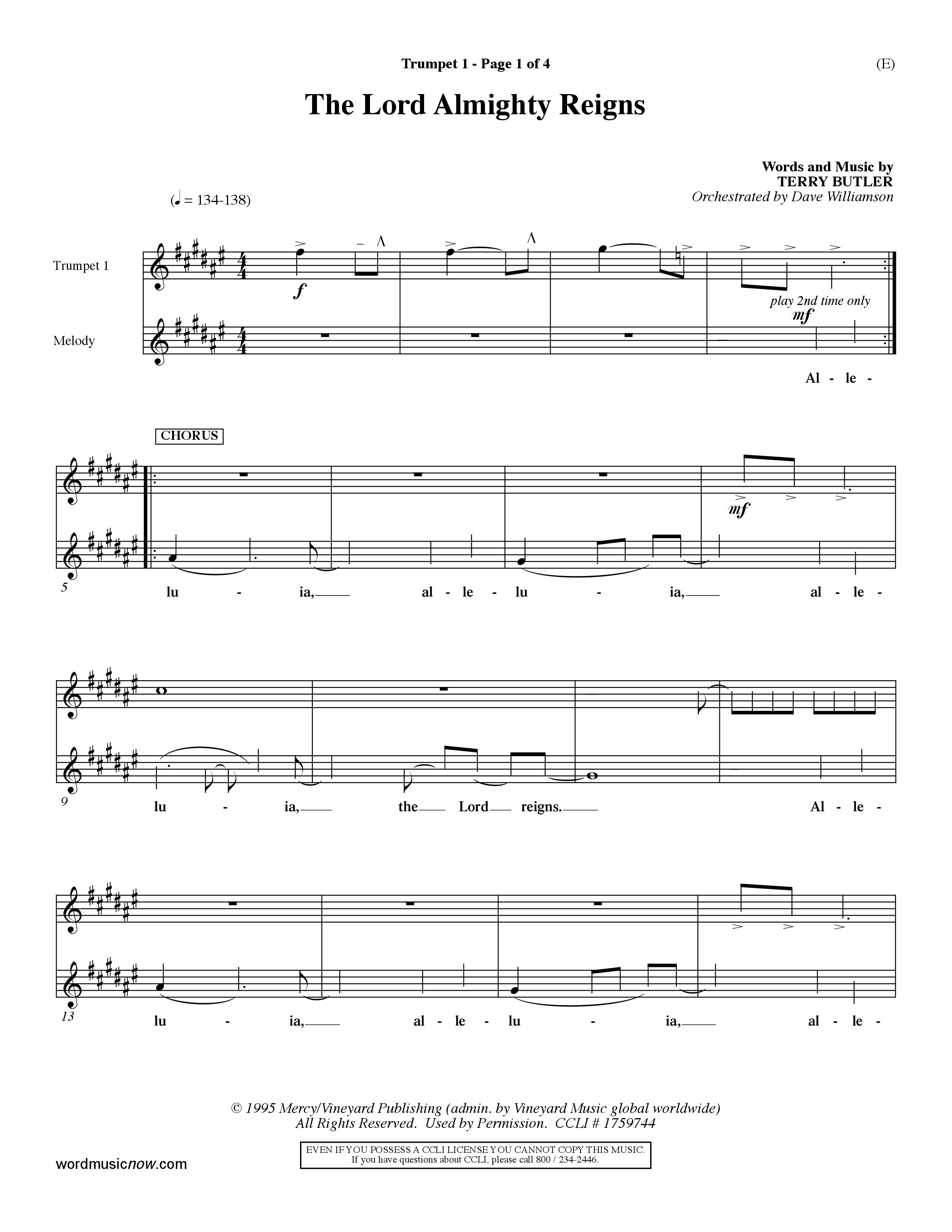 The Lord Almighty Reigns (Choral Anthem SATB) Trumpet 1 (Word Music Choral / Orch. Dave Williamson)
