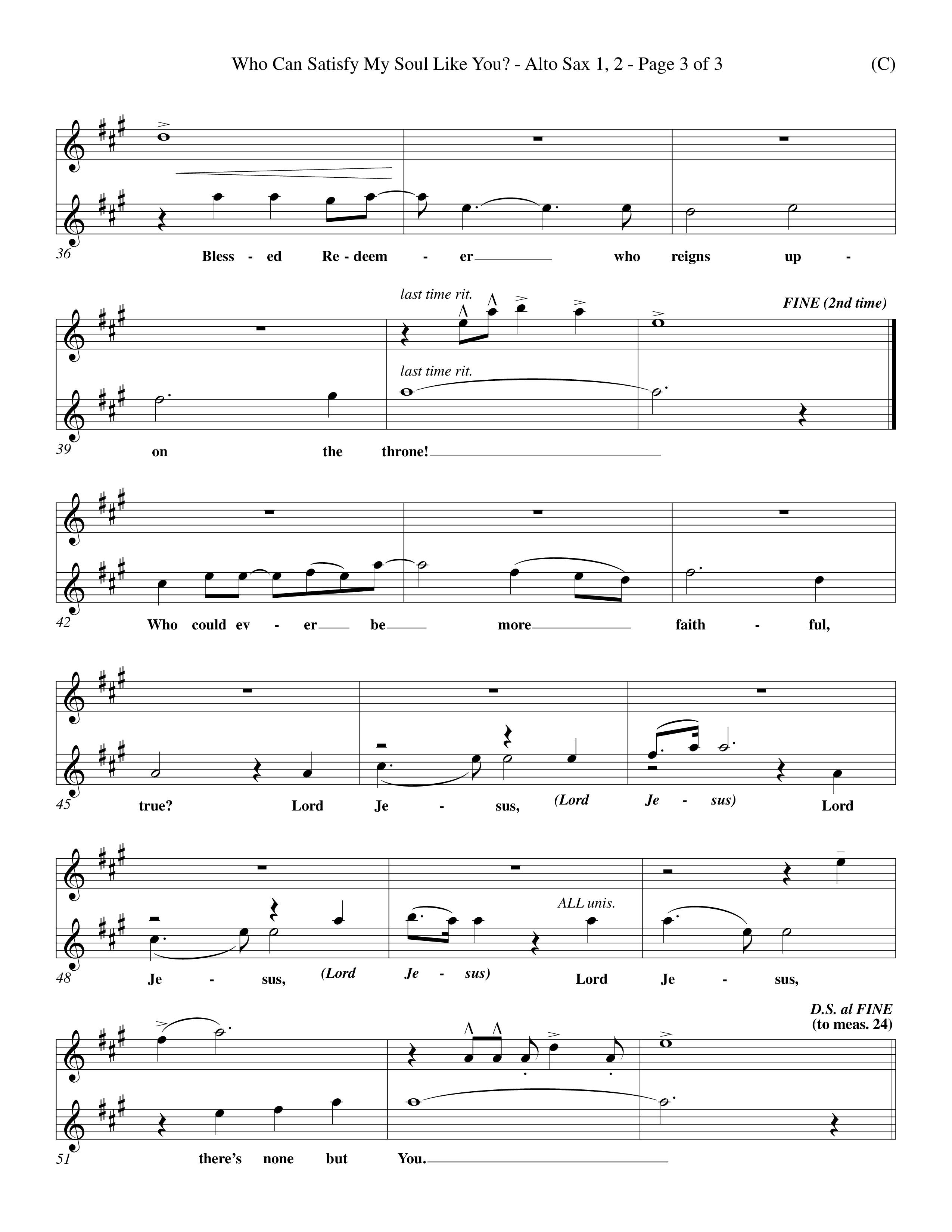 Who Can Satisfy My Soul Like You (Choral Anthem SATB) Alto Sax 1/2 (Word Music Choral / Orch. J. Daniel Smith)