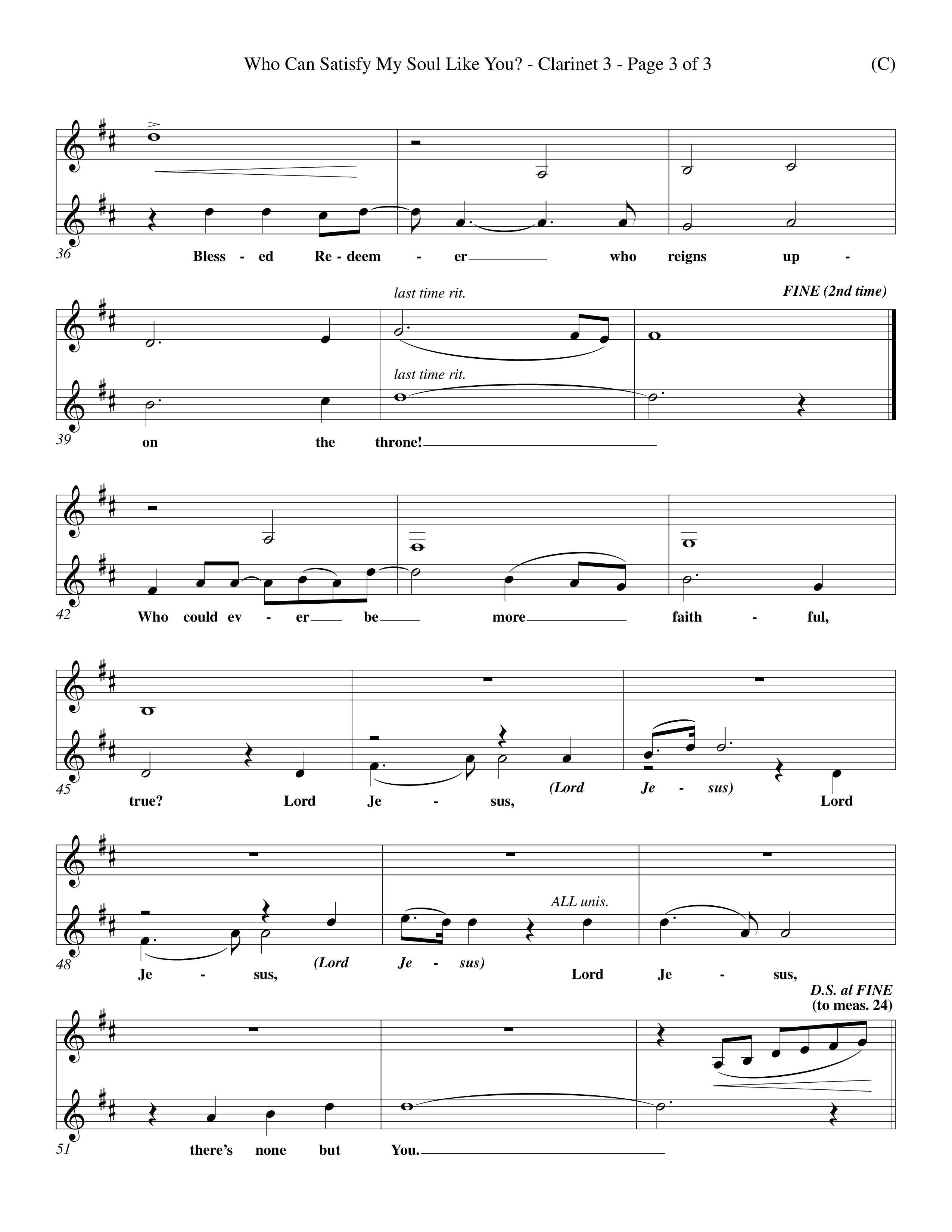 Who Can Satisfy My Soul Like You (Choral Anthem SATB) Clarinet 3 (Word Music Choral / Orch. J. Daniel Smith)