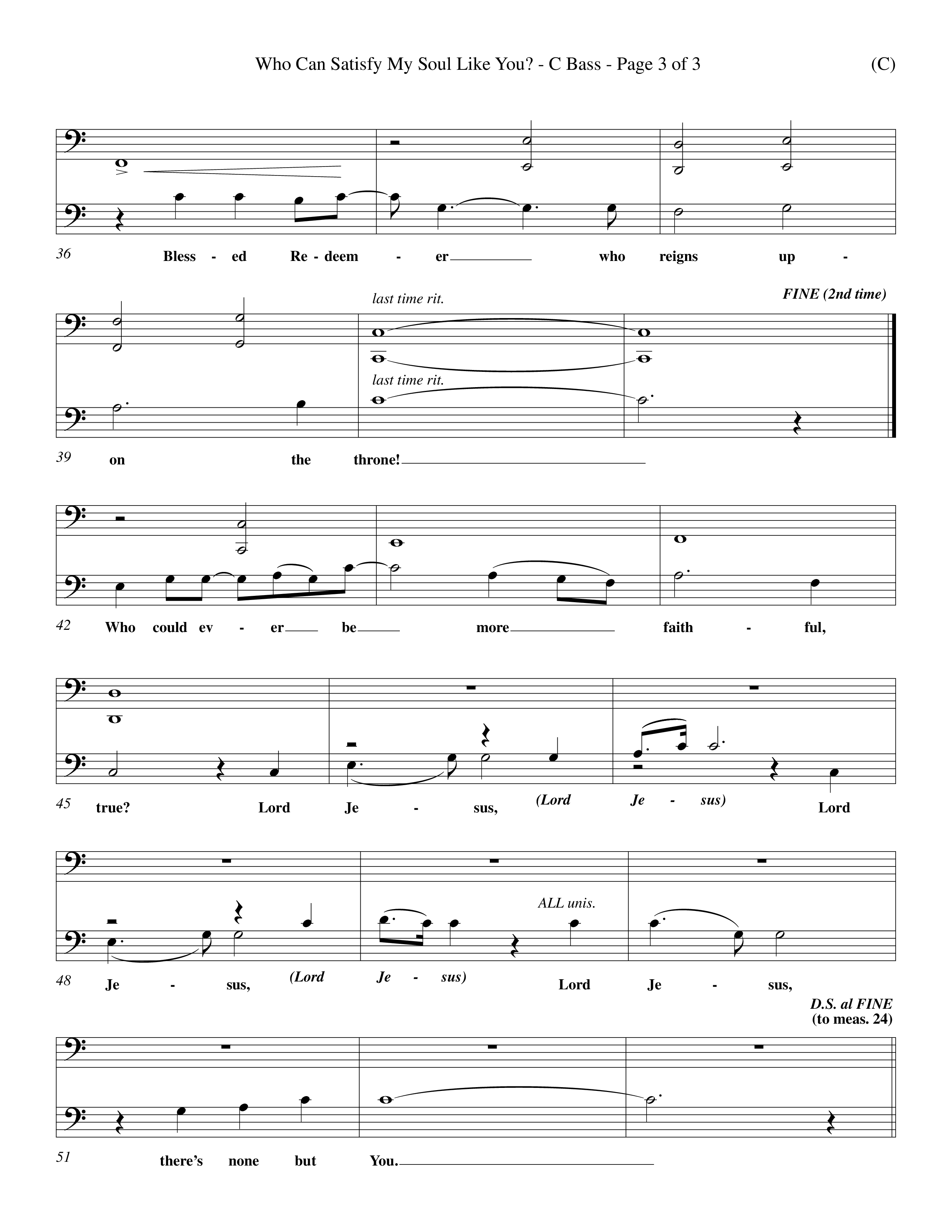 Who Can Satisfy My Soul Like You (Choral Anthem SATB) Contrabass (Word Music Choral / Orch. J. Daniel Smith)