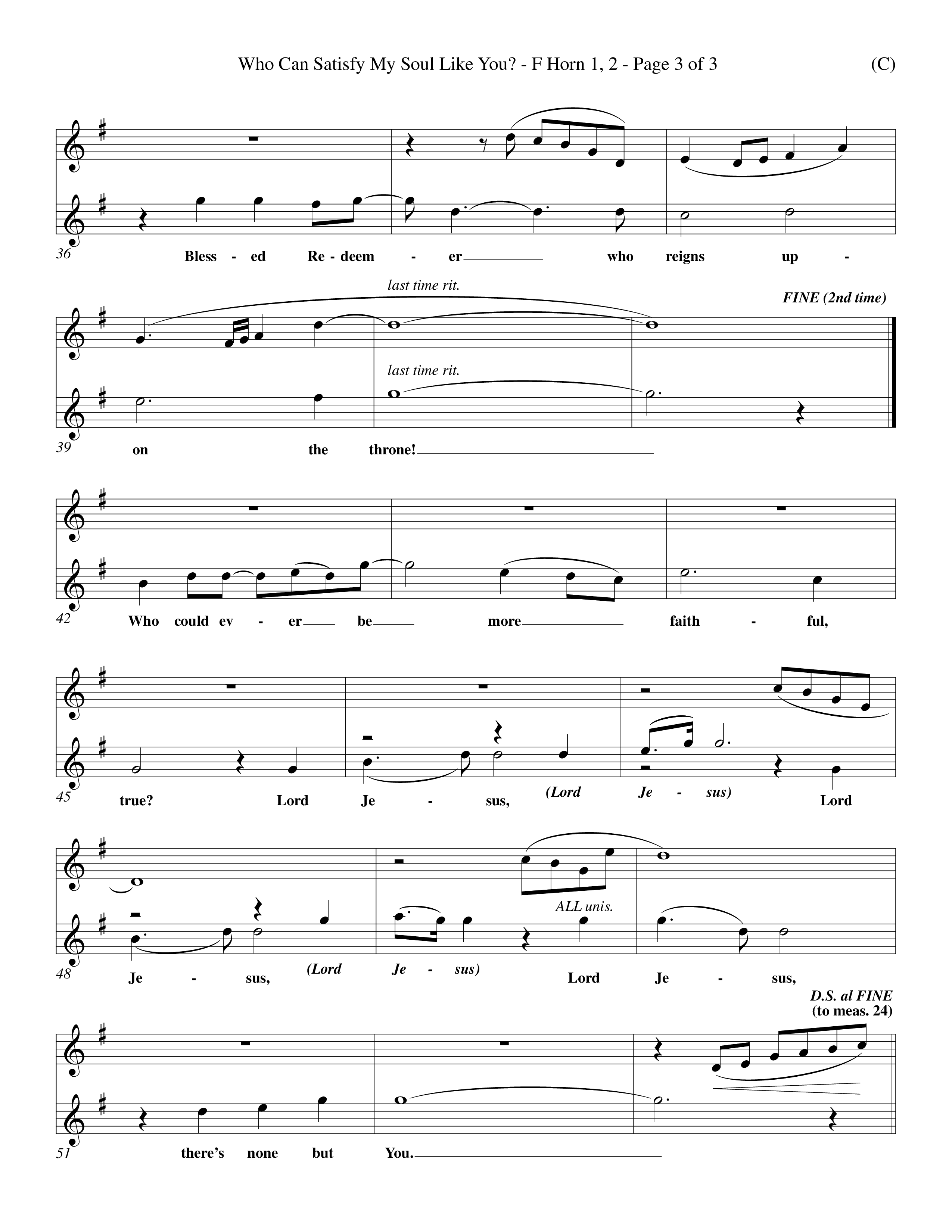 Who Can Satisfy My Soul Like You (Choral Anthem SATB) French Horn (Word Music Choral / Orch. J. Daniel Smith)