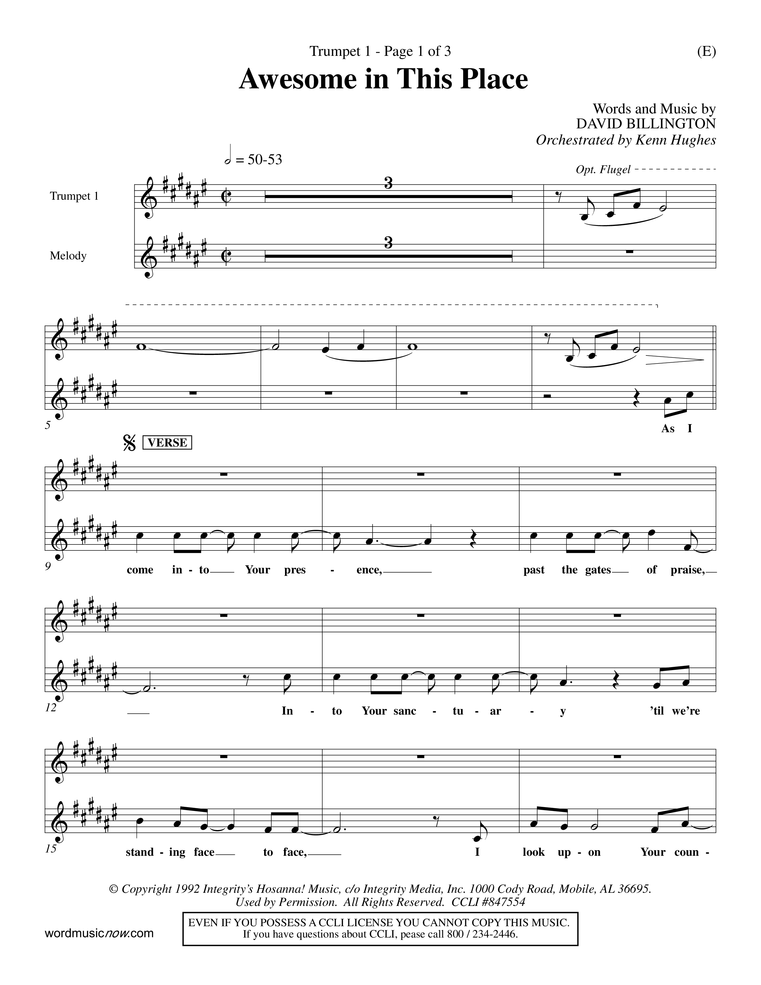 Awesome In This Place (Choral Anthem SATB) Trumpet 1 (Word Music Choral / Orch. Kenn Hughes)
