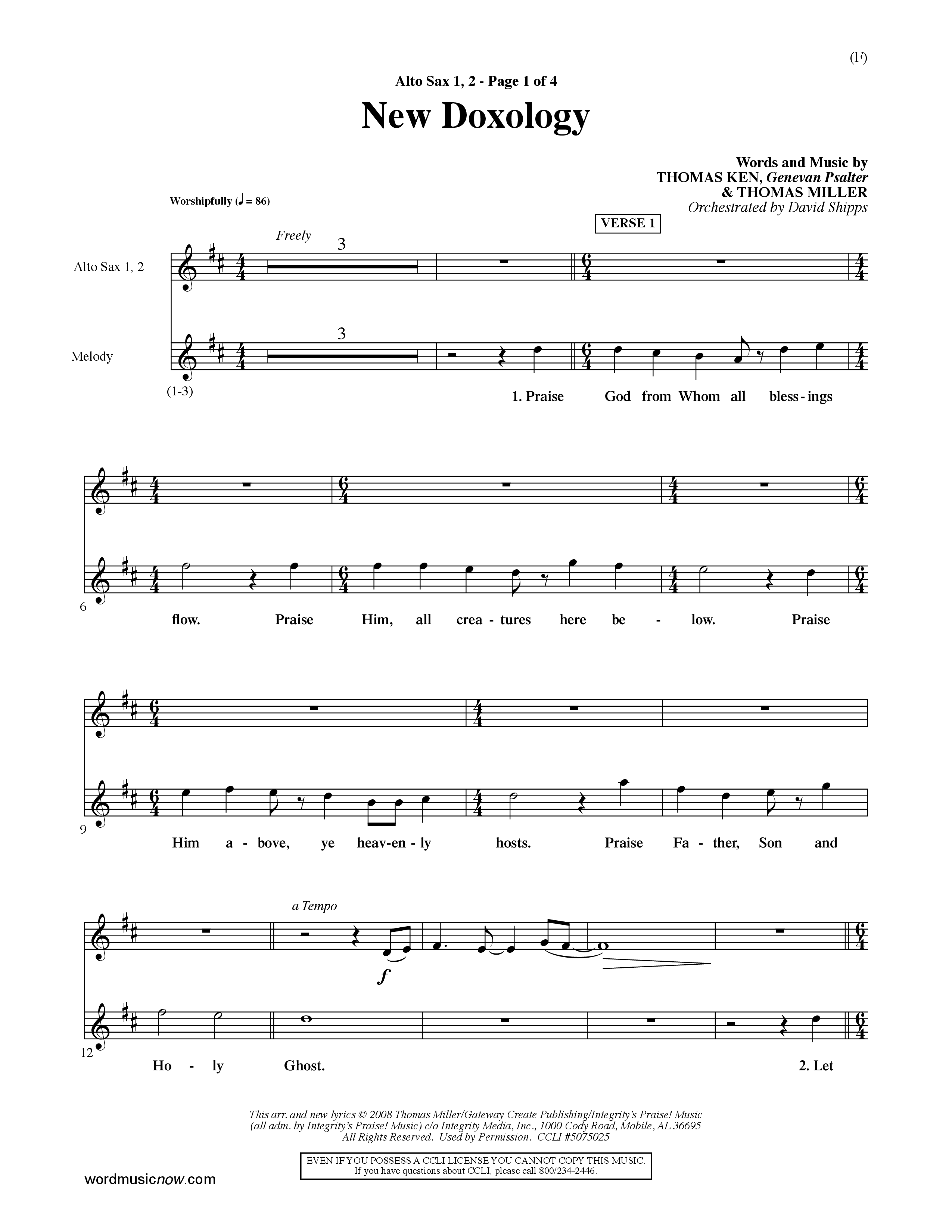 New Doxology (Choral Anthem SATB) Alto Sax 1/2 (Word Music Choral / Orch. David Shipps)