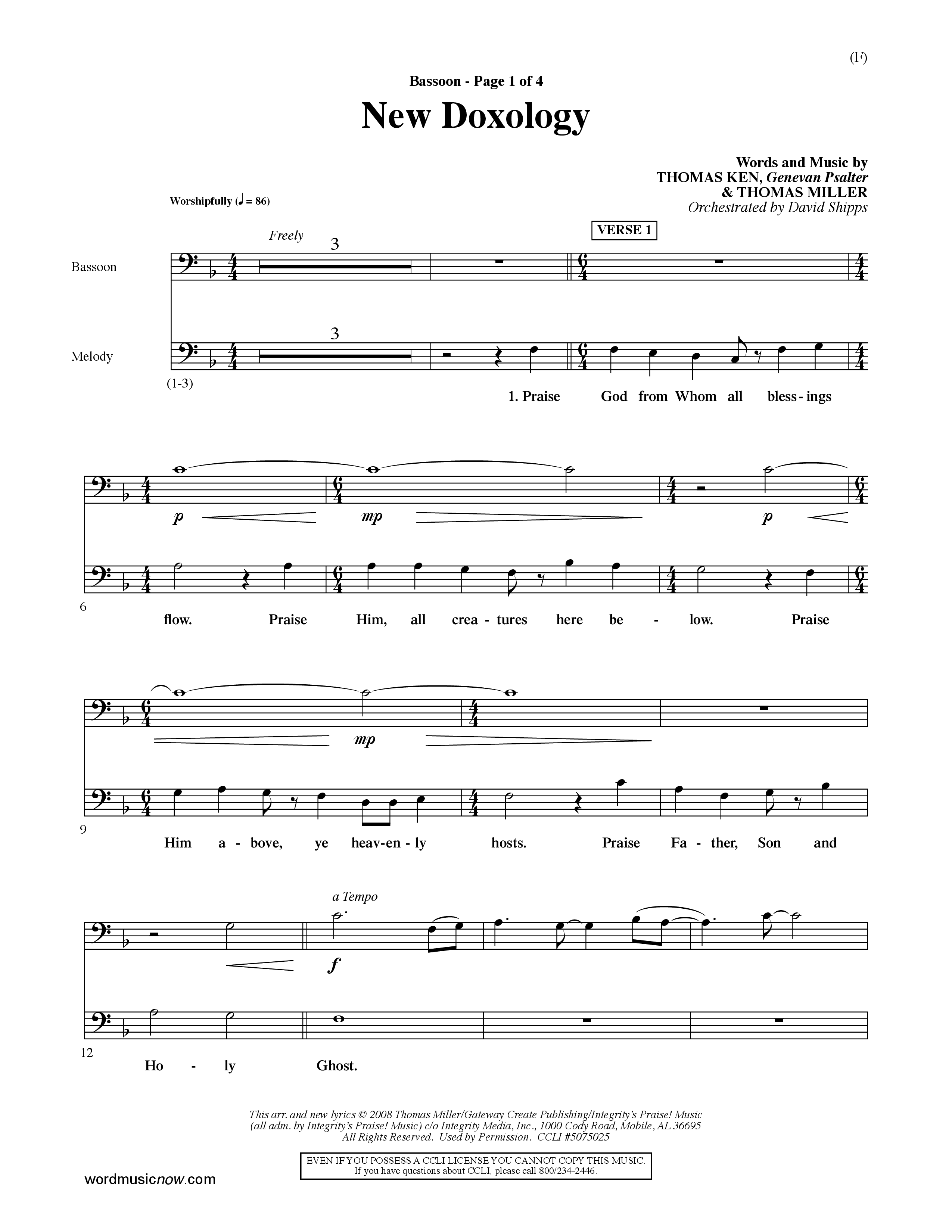 New Doxology (Choral Anthem SATB) Bassoon (Word Music Choral / Orch. David Shipps)