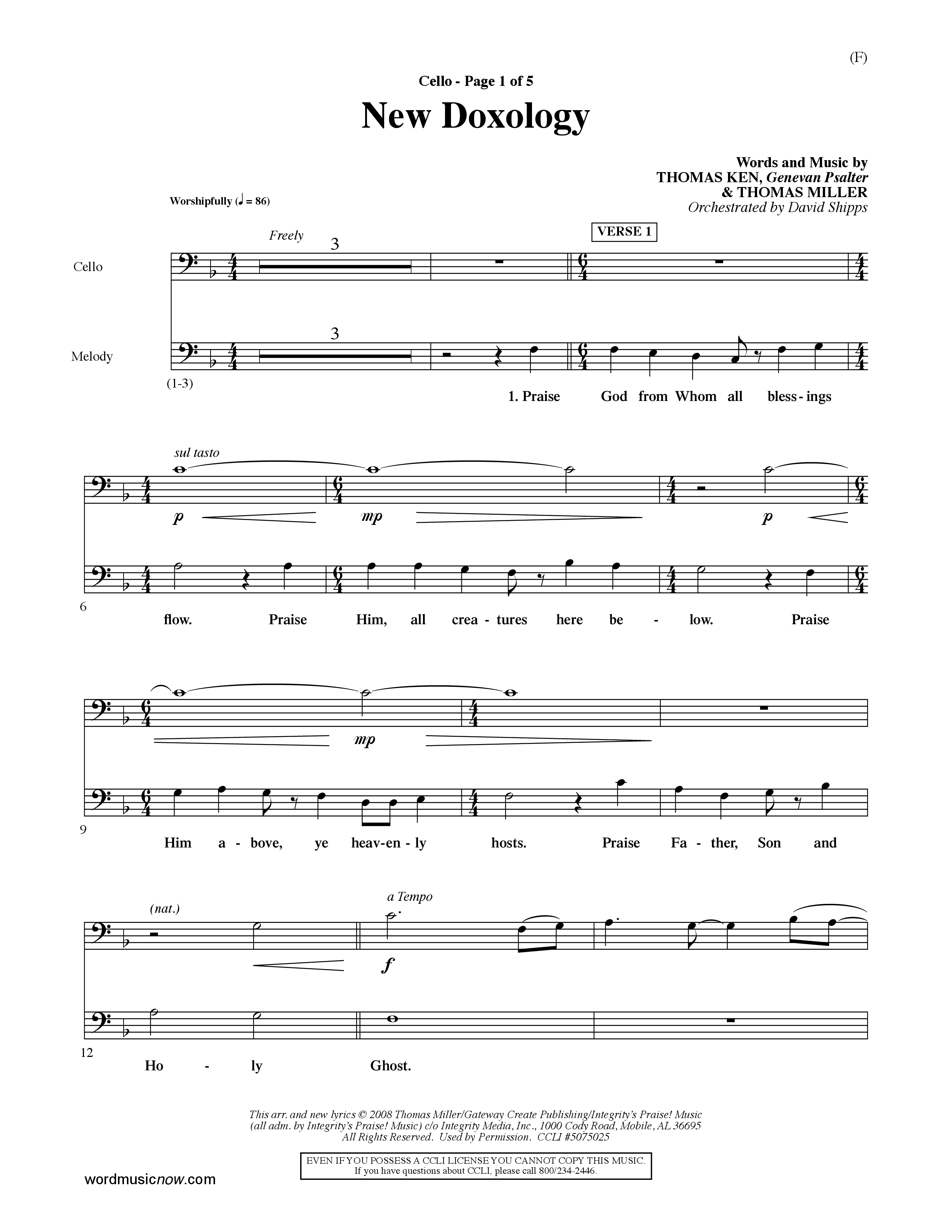 New Doxology (Choral Anthem SATB) Cello (Word Music Choral / Orch. David Shipps)