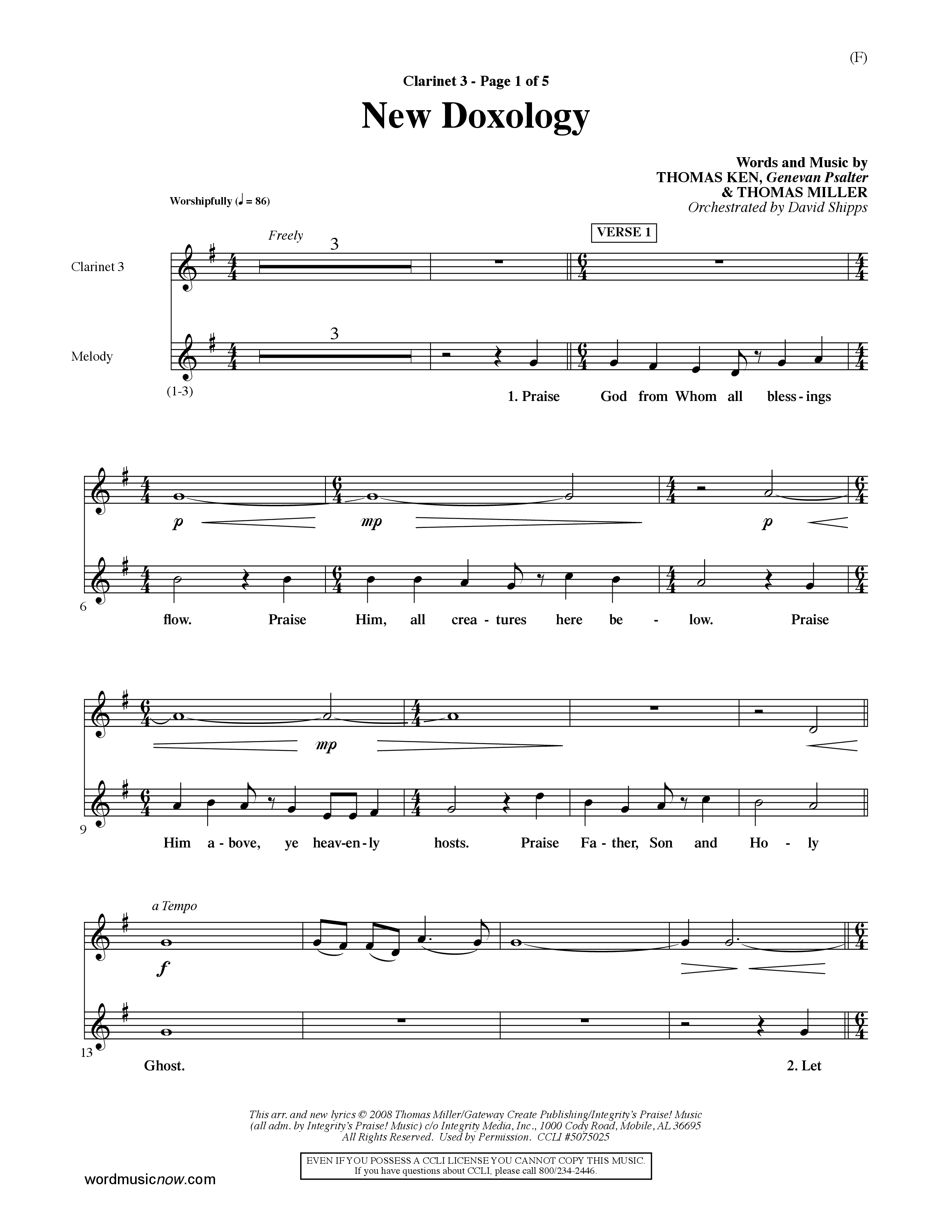 New Doxology (Choral Anthem SATB) Clarinet 3 (Word Music Choral / Orch. David Shipps)