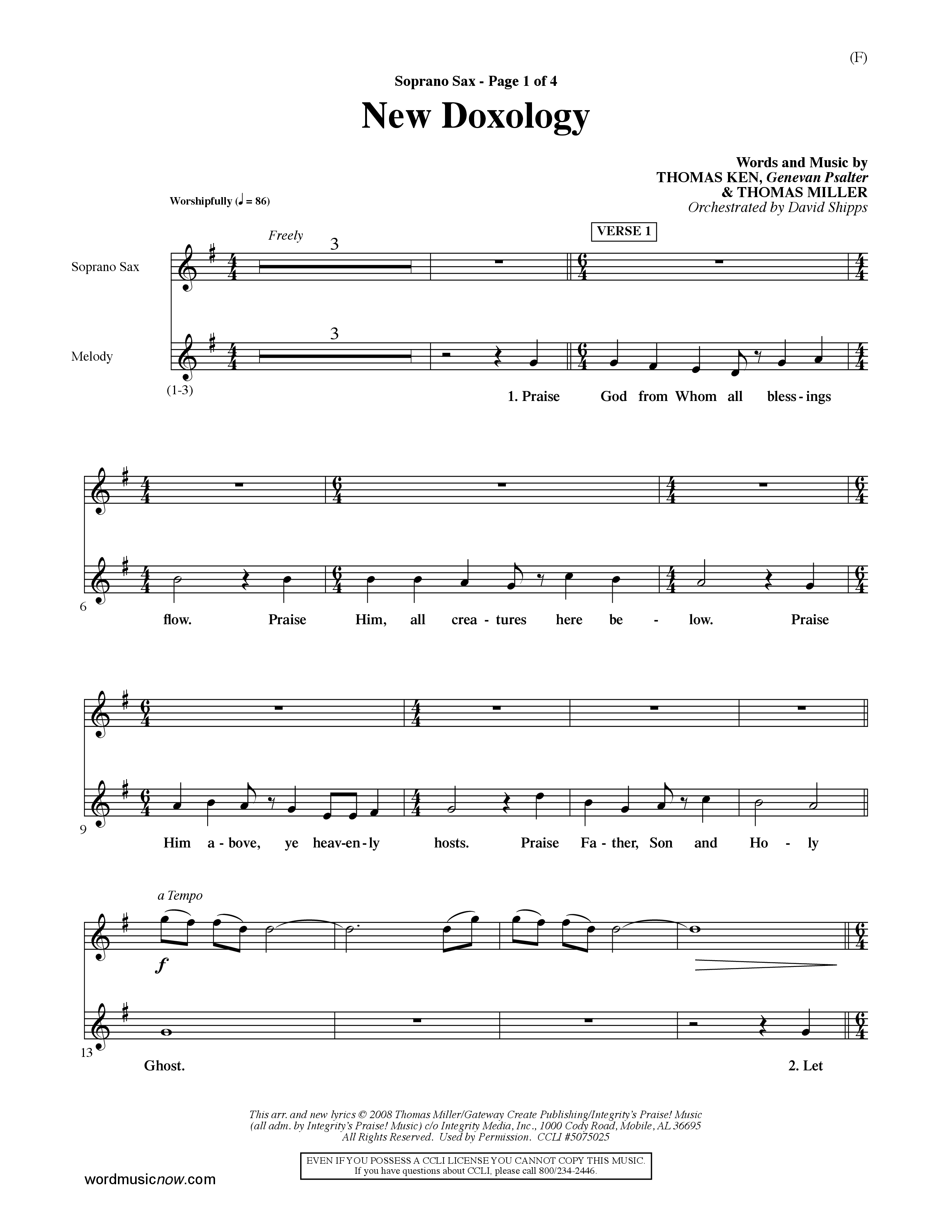 New Doxology (Choral Anthem SATB) Saxophone (Word Music Choral / Orch. David Shipps)