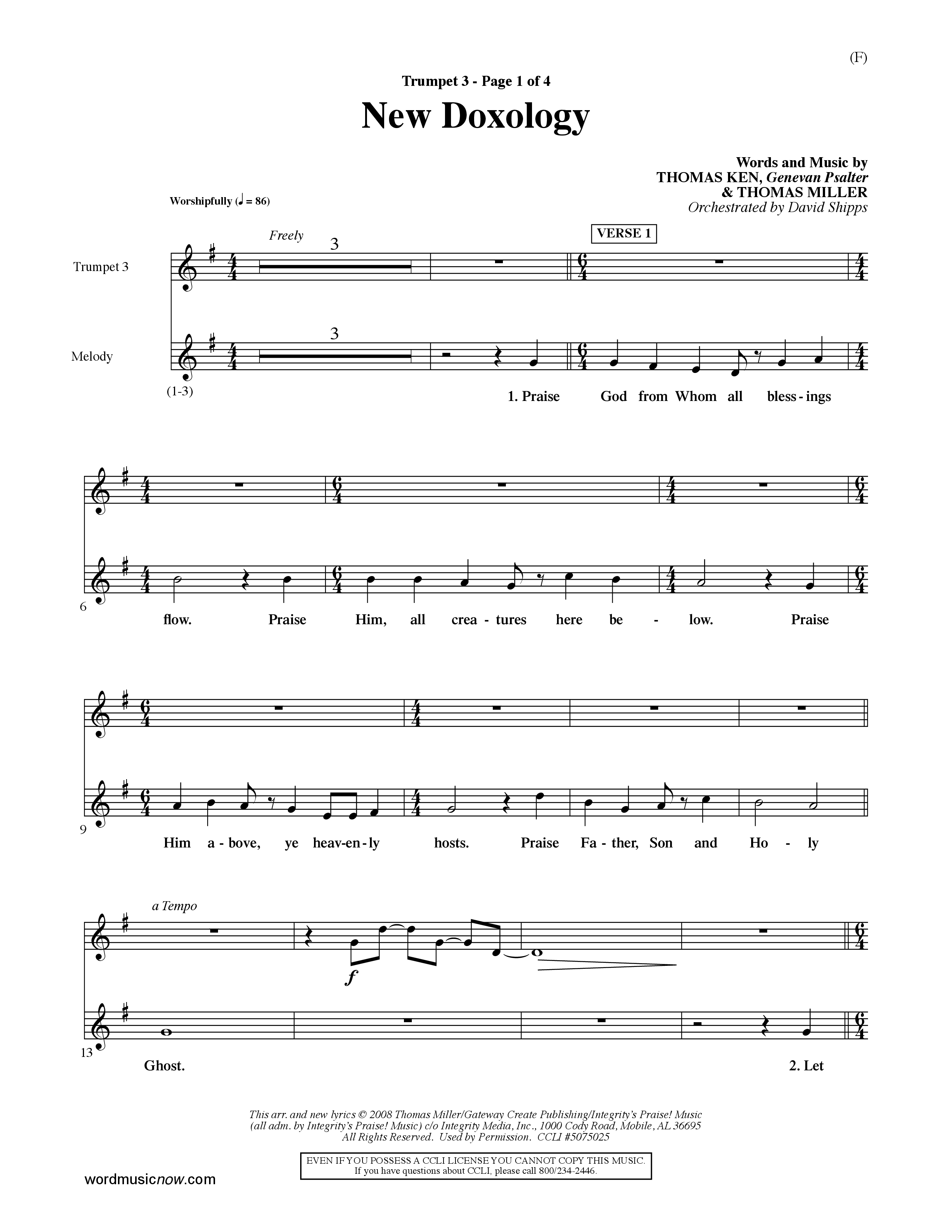 New Doxology (Choral Anthem SATB) Trumpet 3 (Word Music Choral / Orch. David Shipps)