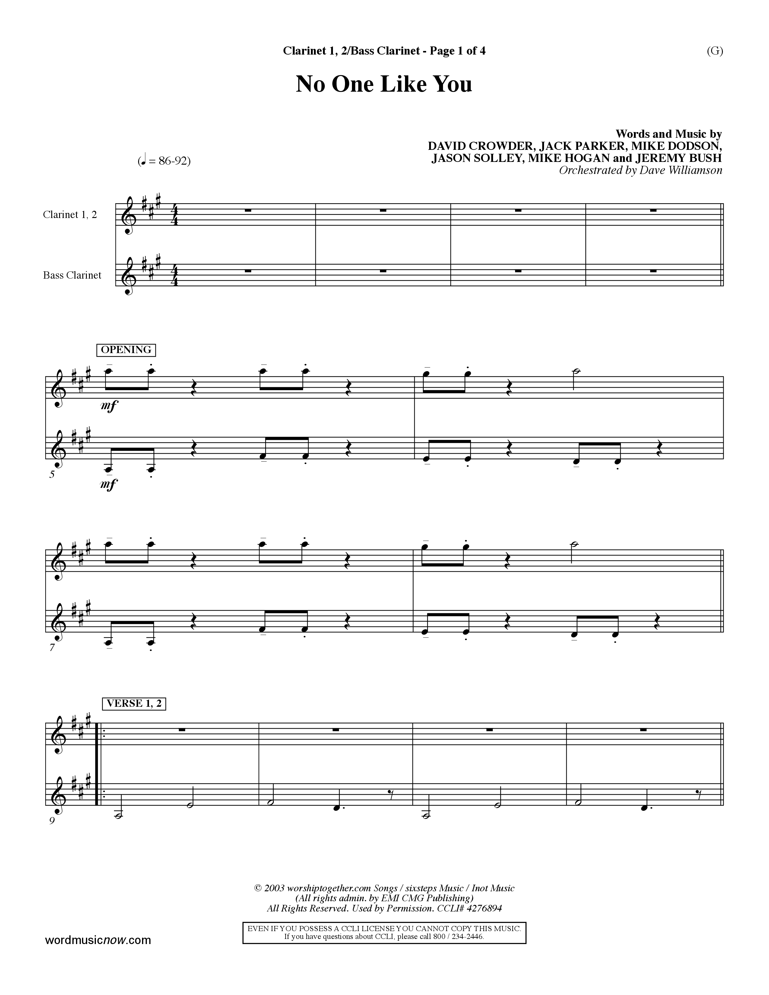 No One Like You (Choral Anthem SATB) Clarinet 1/2, Bass Clarinet (Word Music Choral / Orch. Dave Williamson)