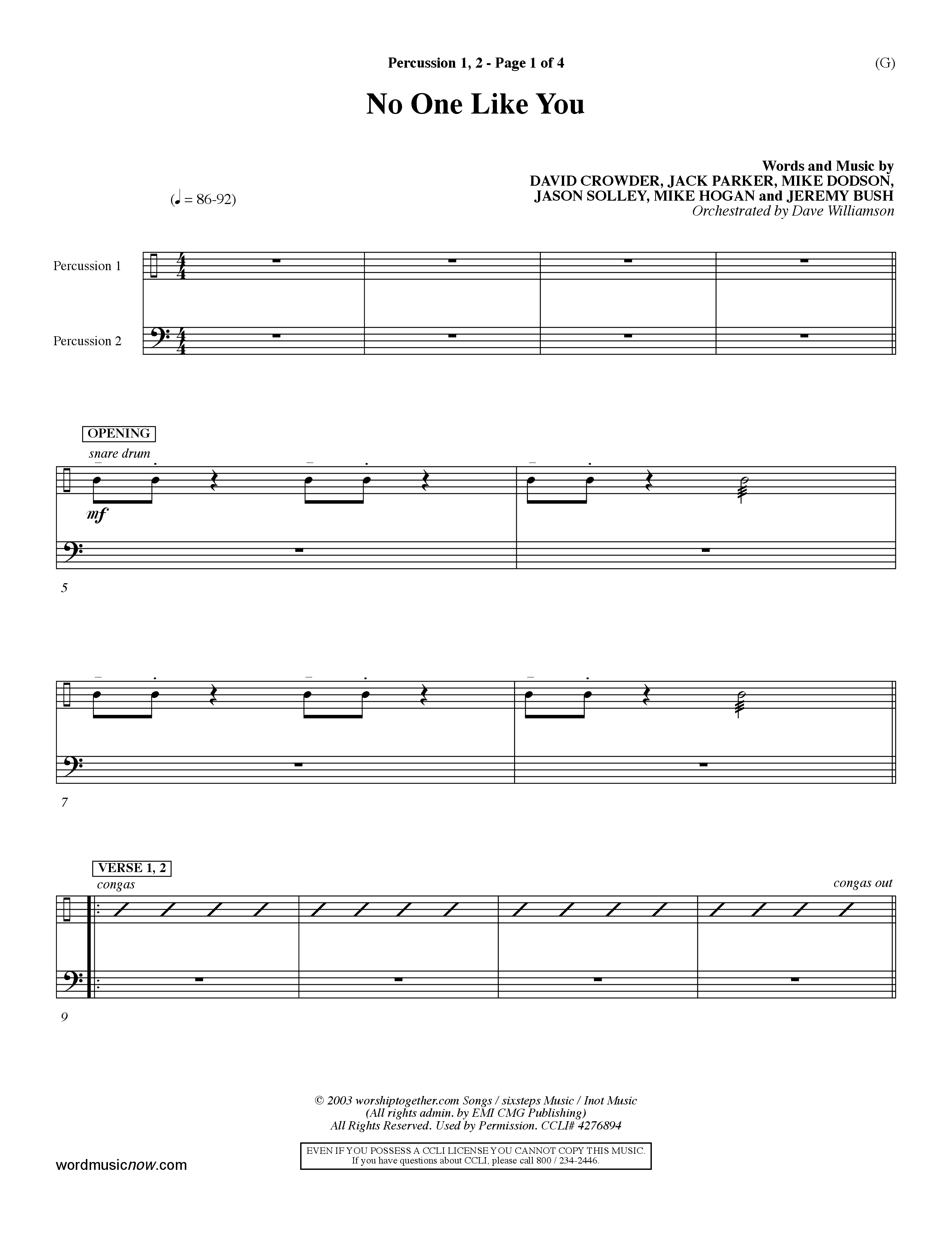 No One Like You (Choral Anthem SATB) Percussion 1/2 (Word Music Choral / Orch. Dave Williamson)