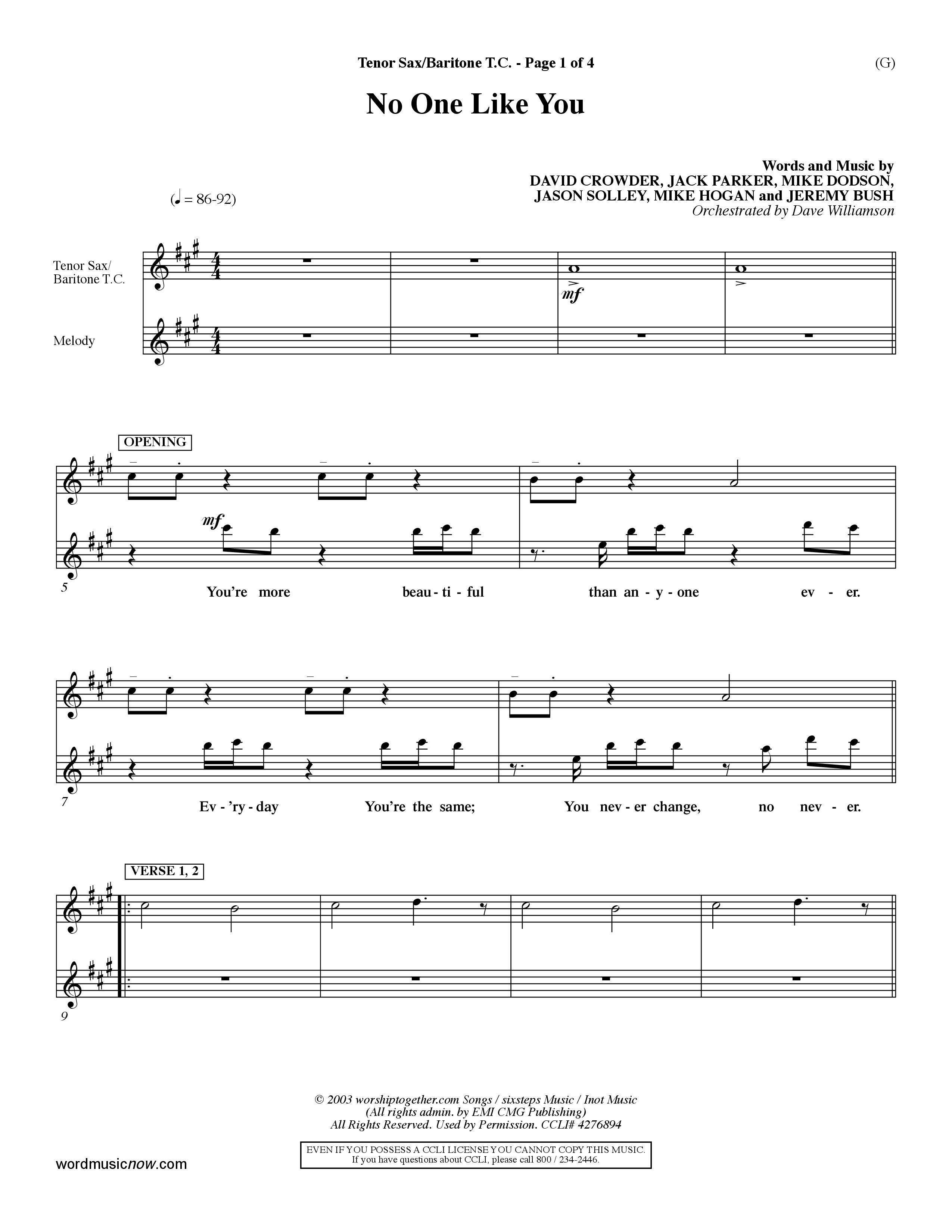 No One Like You (Choral Anthem SATB) Tenor Sax/Baritone T.C. (Word Music Choral / Orch. Dave Williamson)