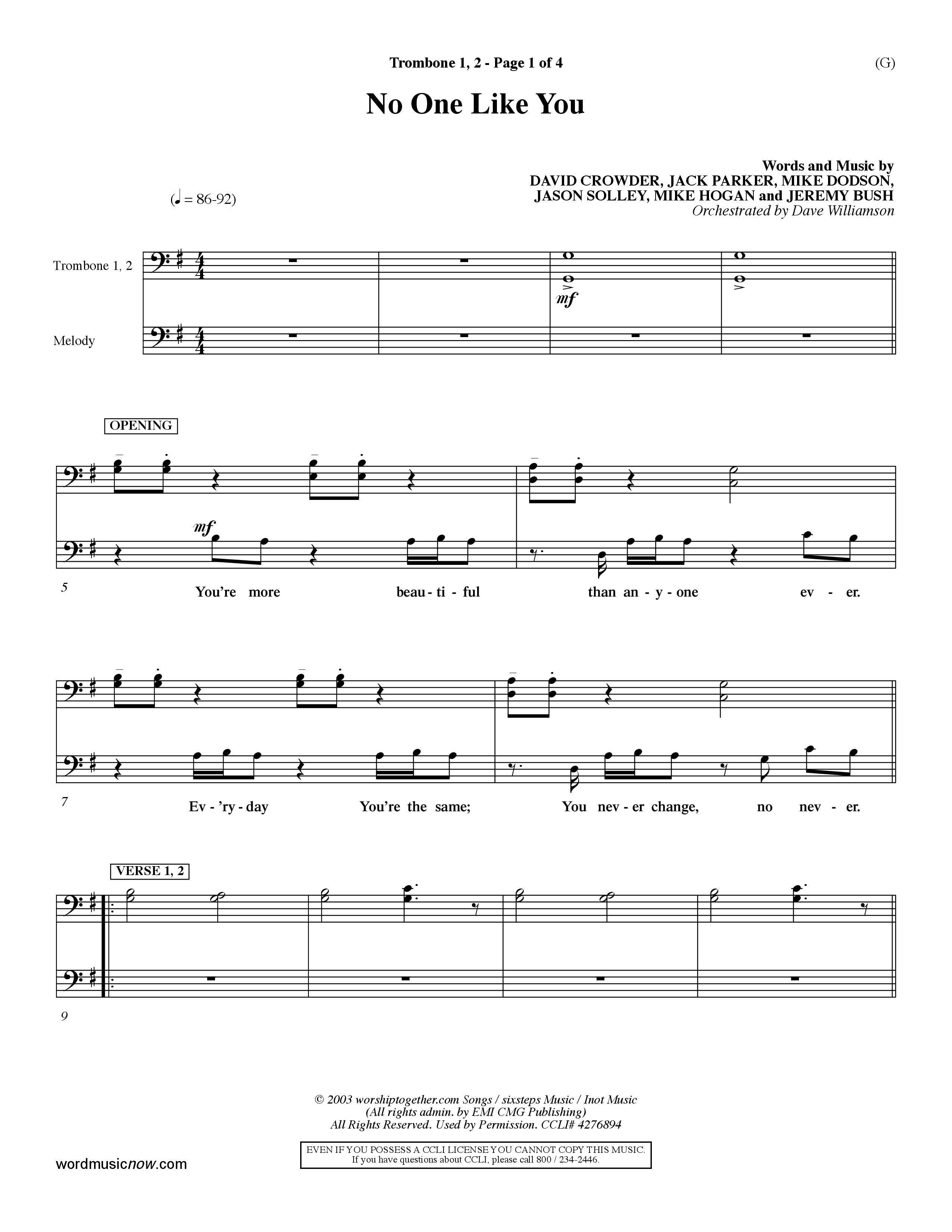 No One Like You (Choral Anthem SATB) Trombone 1/2 (Word Music Choral / Orch. Dave Williamson)