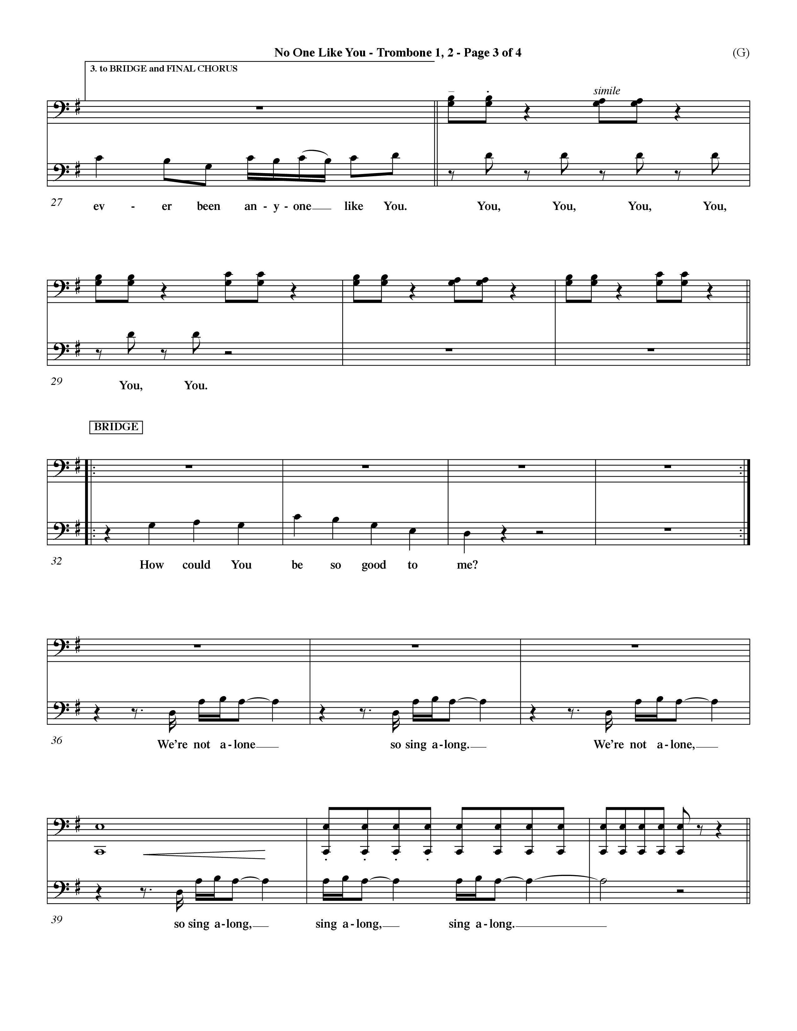 No One Like You (Choral Anthem SATB) Trombone 1/2 (Word Music Choral / Orch. Dave Williamson)