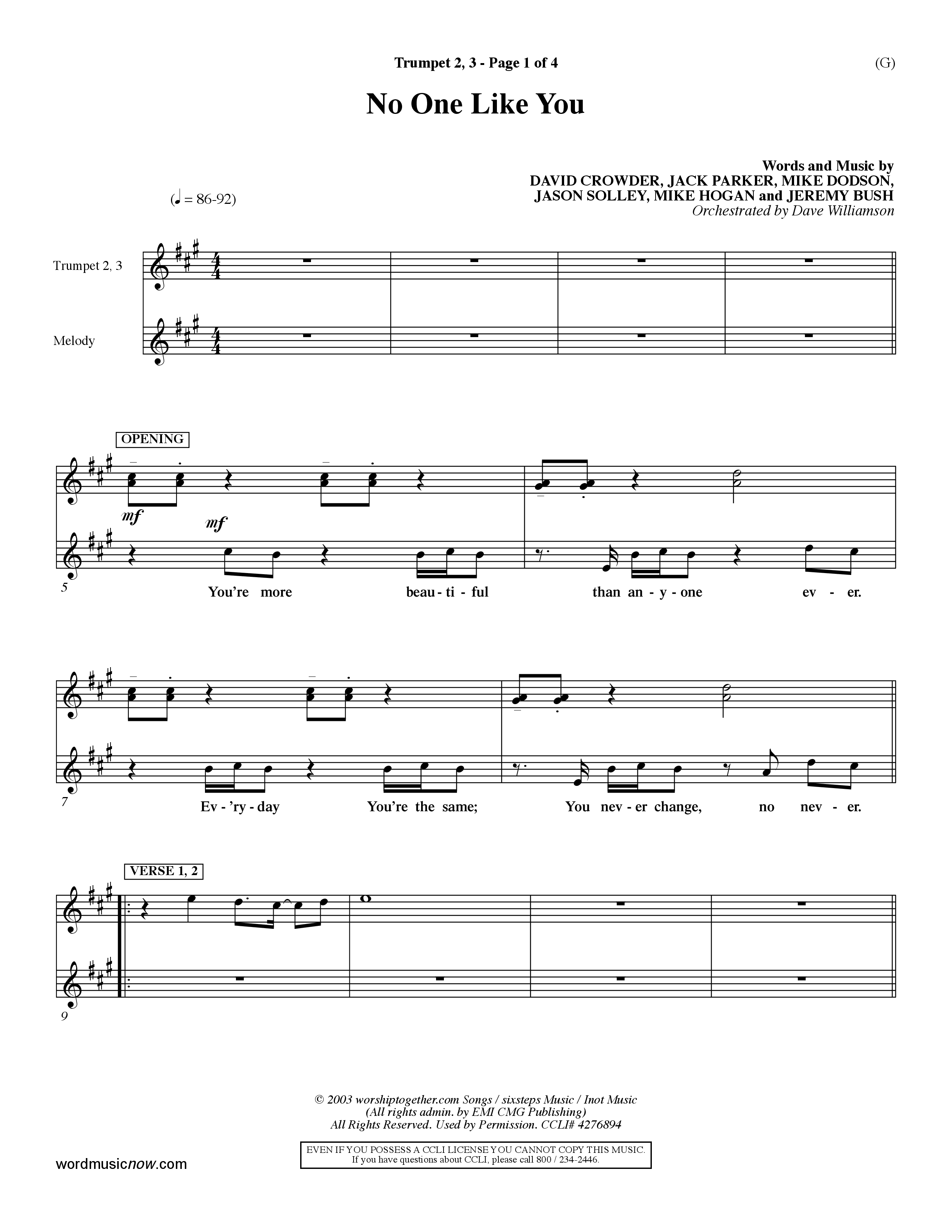 No One Like You (Choral Anthem SATB) Trumpet 2/3 (Word Music Choral / Orch. Dave Williamson)