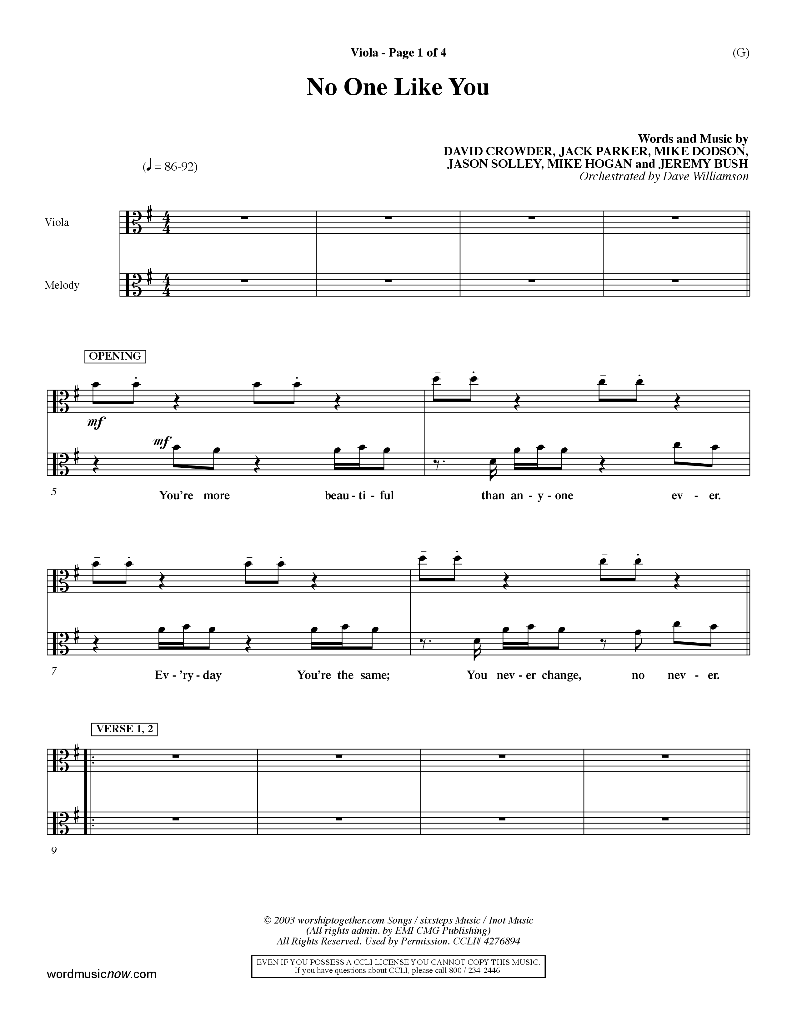 No One Like You (Choral Anthem SATB) Viola (Word Music Choral / Orch. Dave Williamson)