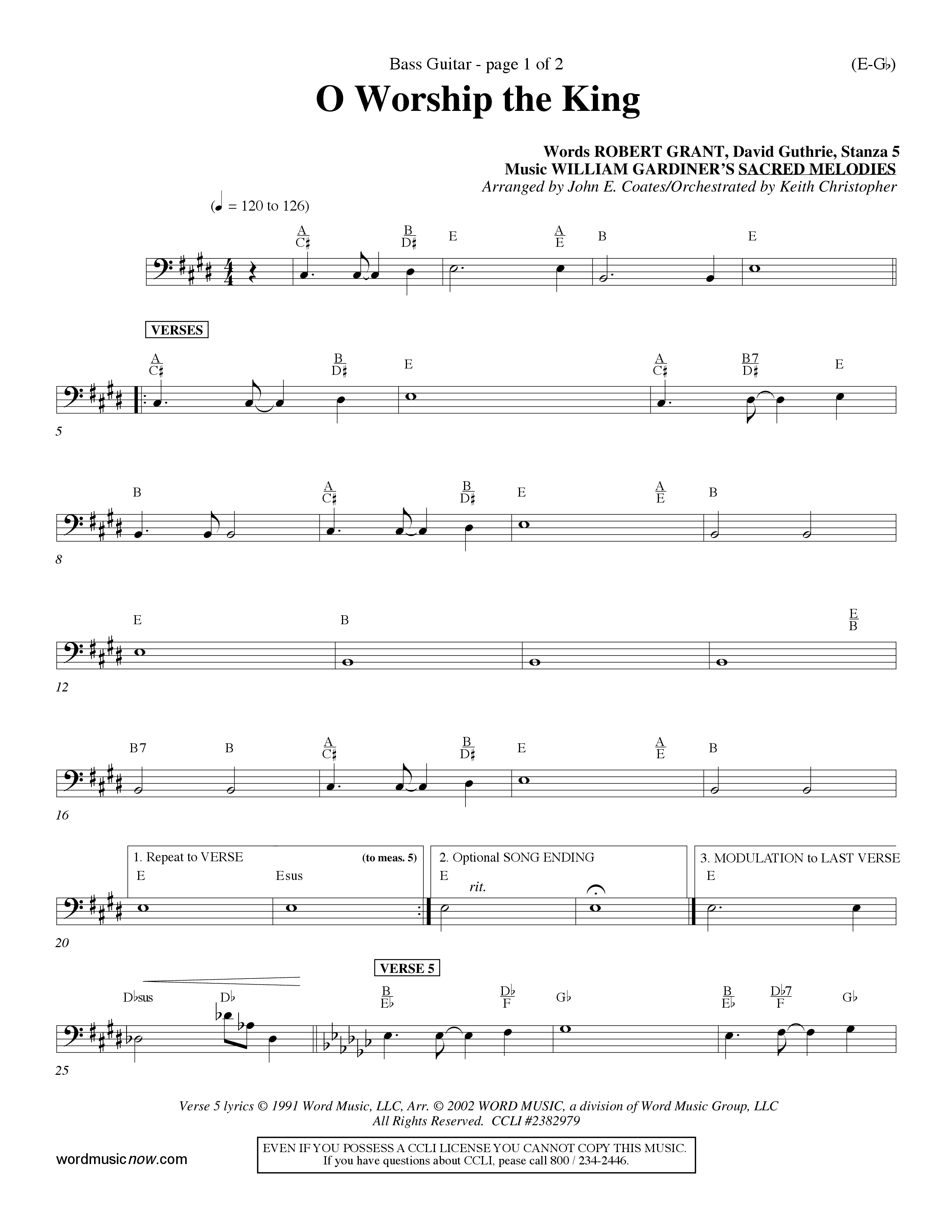 O Worship The King (Lyons) (Choral Anthem SATB) Bass Guitar (Word Music Choral / Arr. John Coates / Orch. Keith Christopher)
