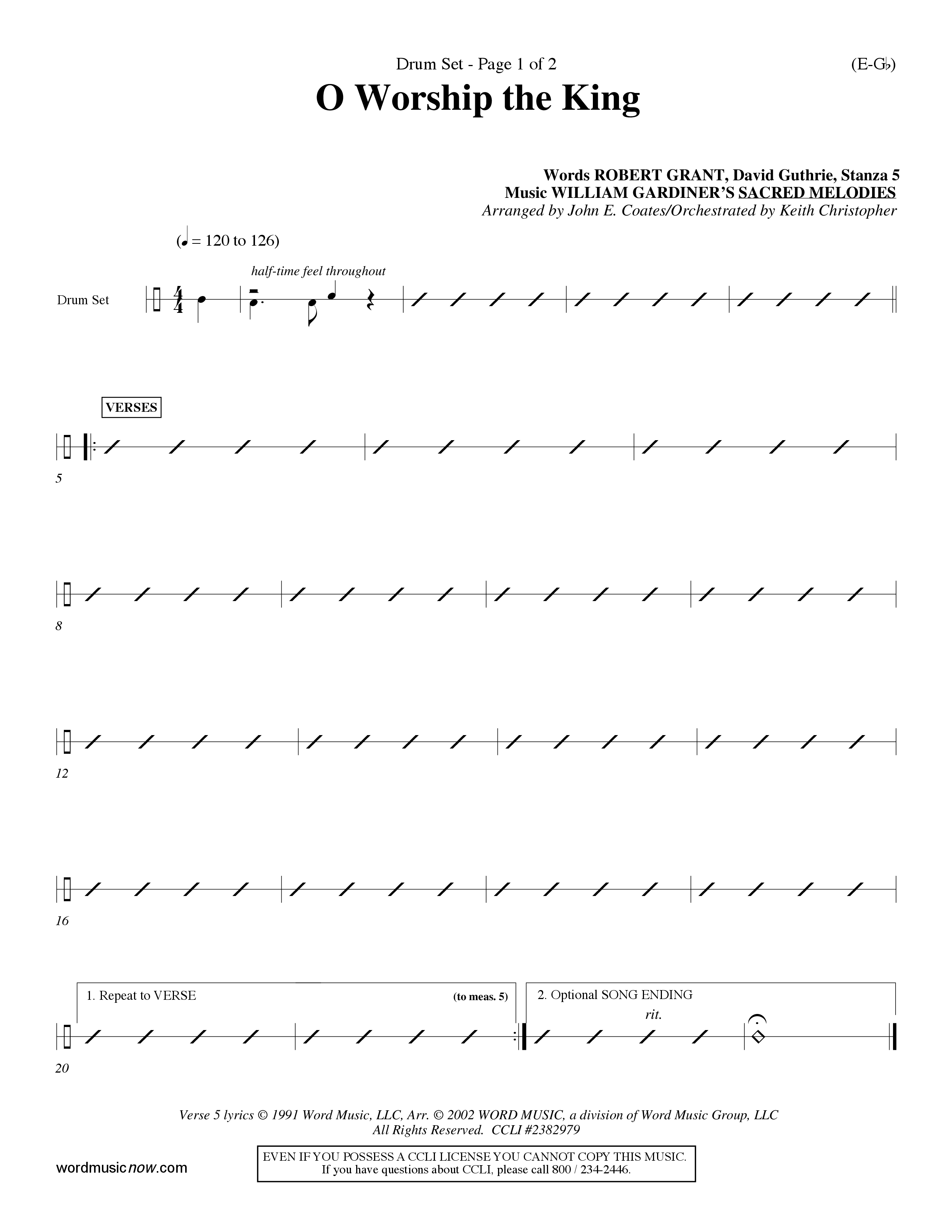 O Worship The King (Lyons) (Choral Anthem SATB) Drum Set (Word Music Choral / Arr. John Coates / Orch. Keith Christopher)
