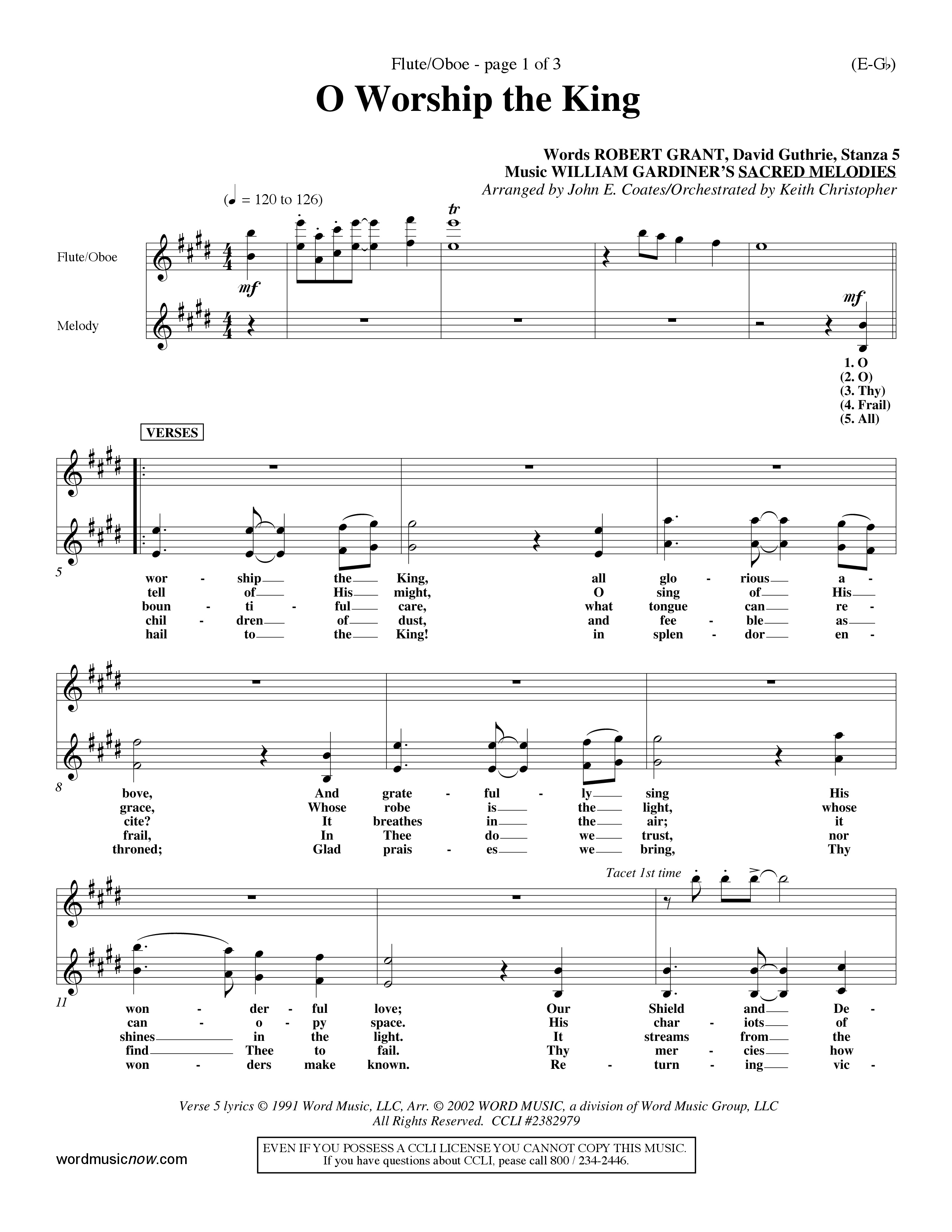 O Worship The King (Lyons) (Choral Anthem SATB) Flute/Oboe (Word Music Choral / Arr. John Coates / Orch. Keith Christopher)