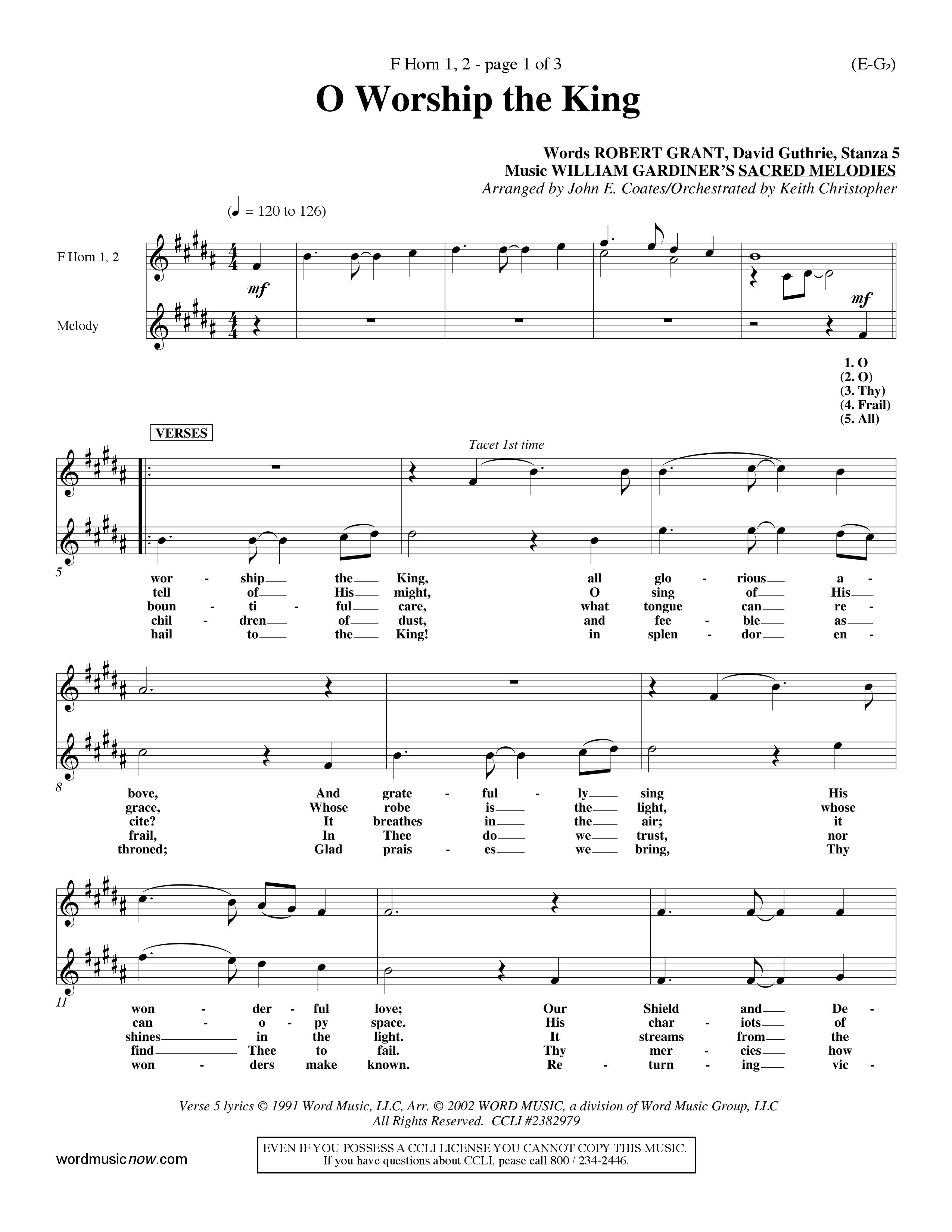 O Worship The King (Lyons) (Choral Anthem SATB) French Horn (Word Music Choral / Arr. John Coates / Orch. Keith Christopher)