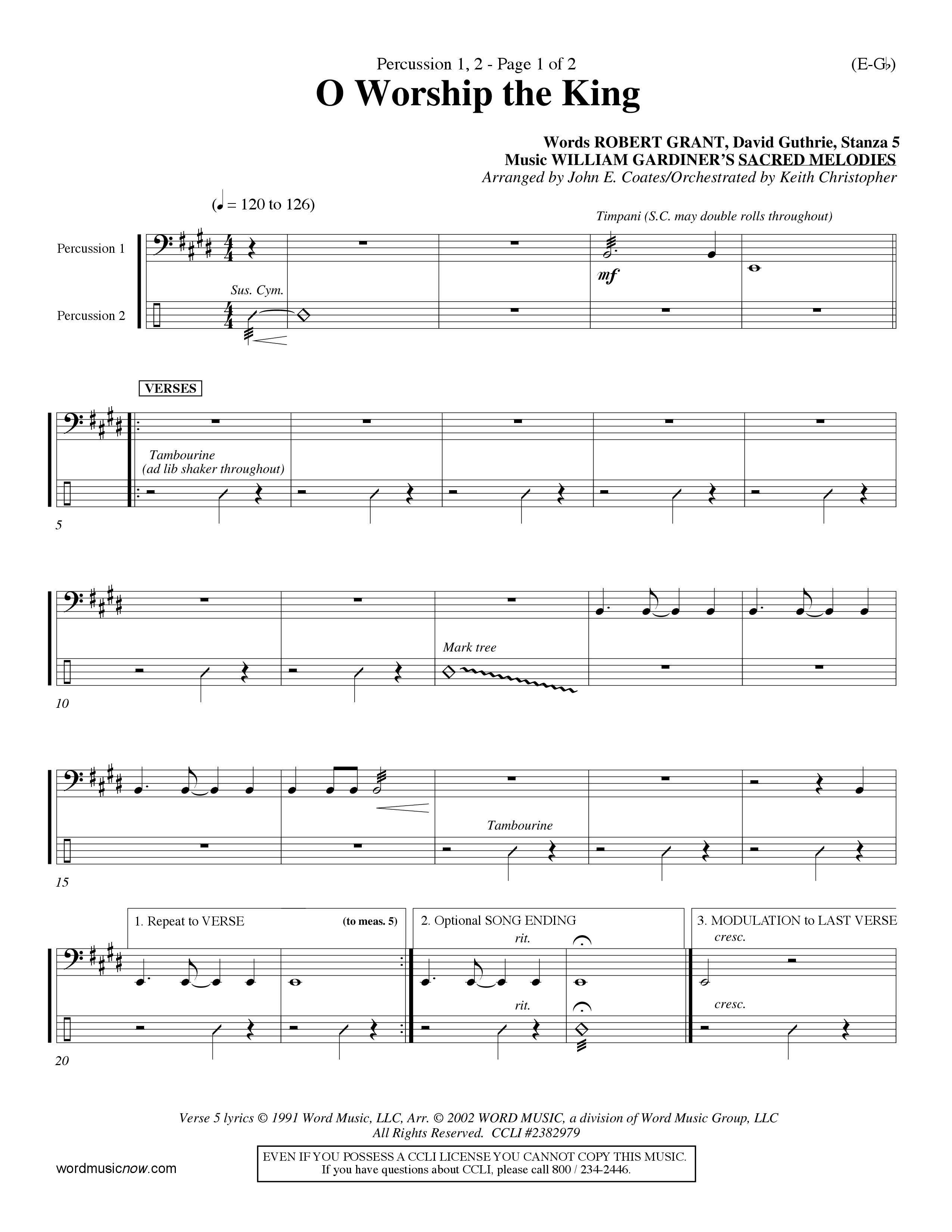 O Worship The King (Lyons) (Choral Anthem SATB) Percussion 1/2 (Word Music Choral / Arr. John Coates / Orch. Keith Christopher)