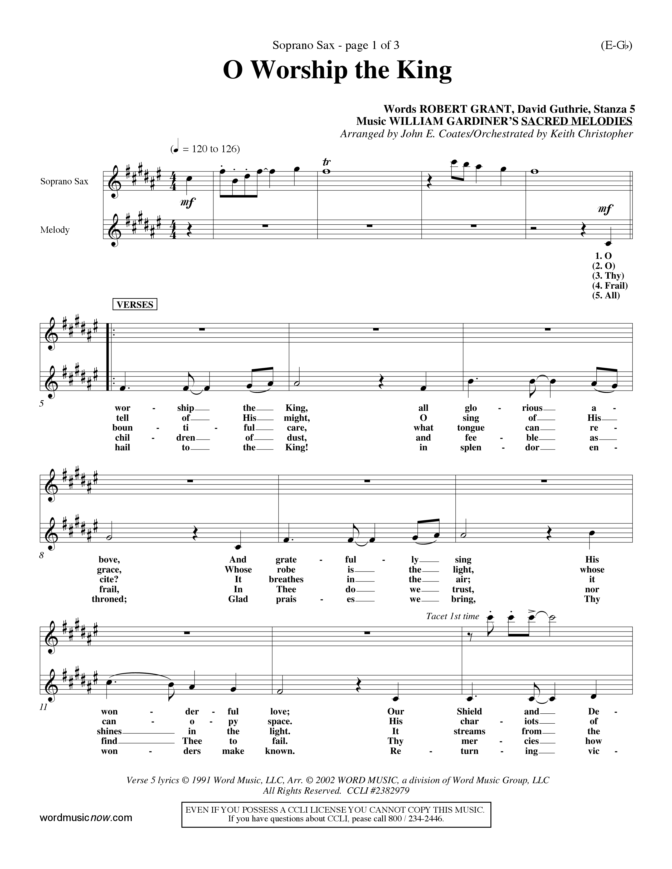 O Worship The King (Lyons) (Choral Anthem SATB) Saxophone (Word Music Choral / Arr. John Coates / Orch. Keith Christopher)