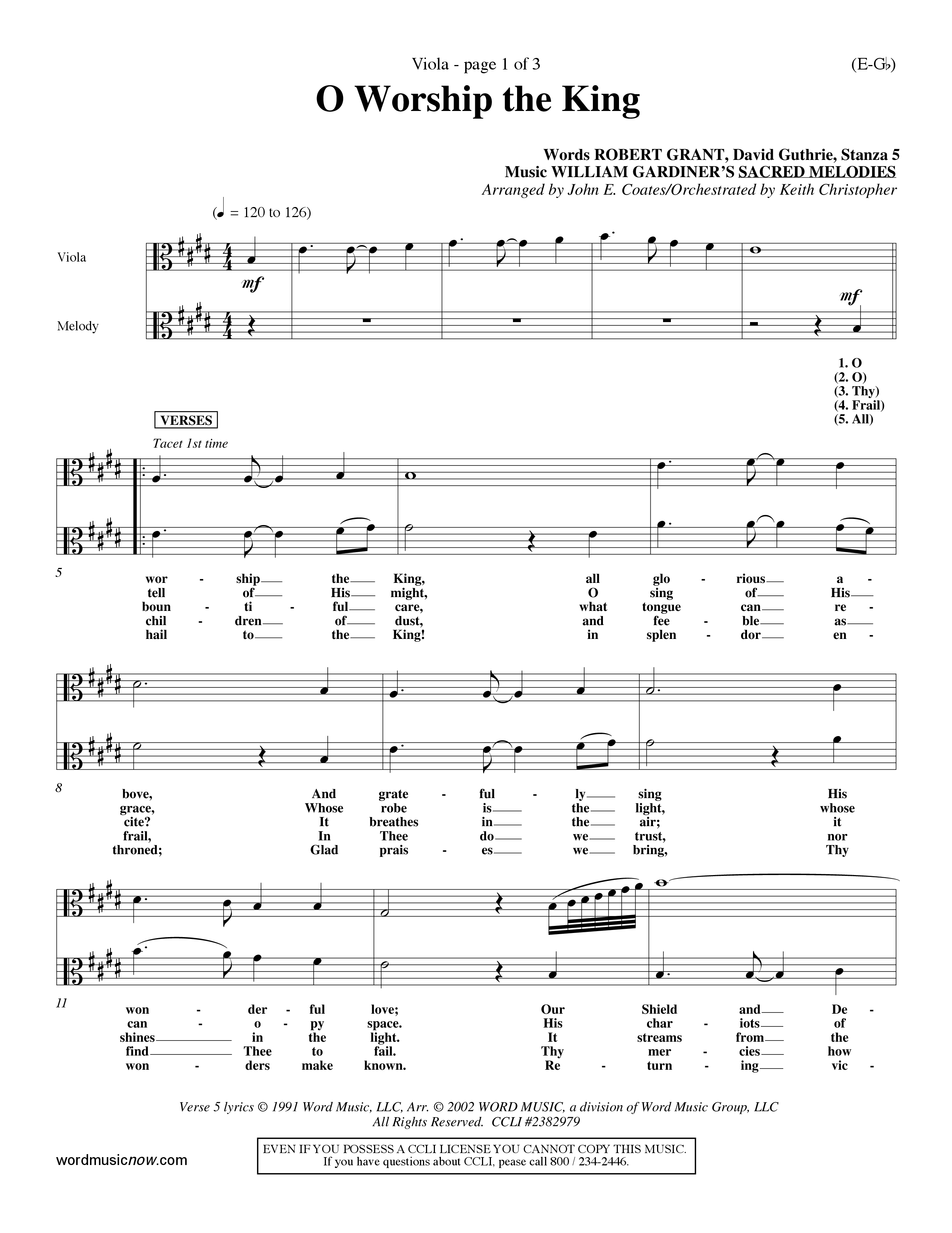 O Worship The King (Lyons) (Choral Anthem SATB) Viola (Word Music Choral / Arr. John Coates / Orch. Keith Christopher)