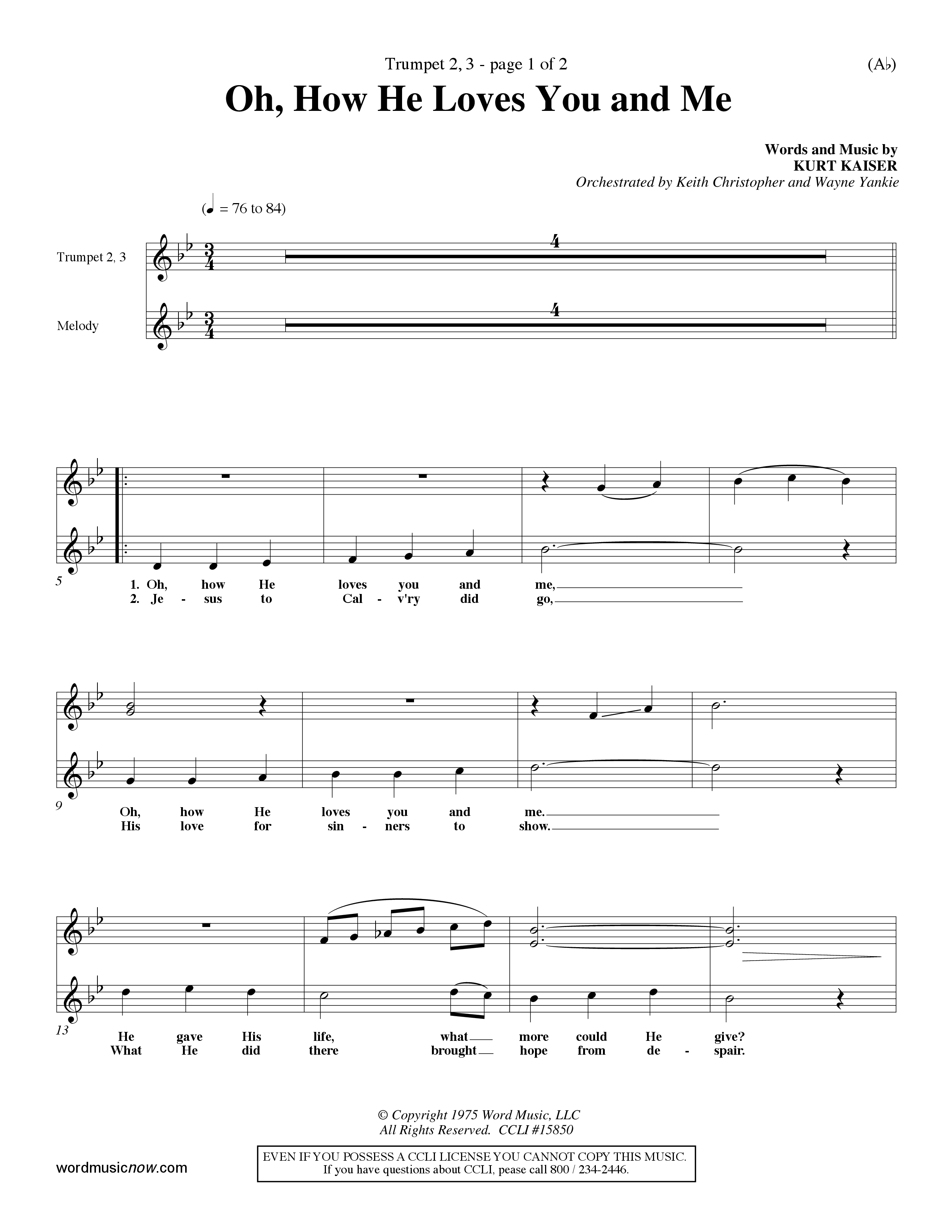 Oh How He Loves You And Me (Choral Anthem SATB) Trumpet 2/3 (Word Music Choral / Orch. Keith Christopher / Orch. Wayne Yankie)