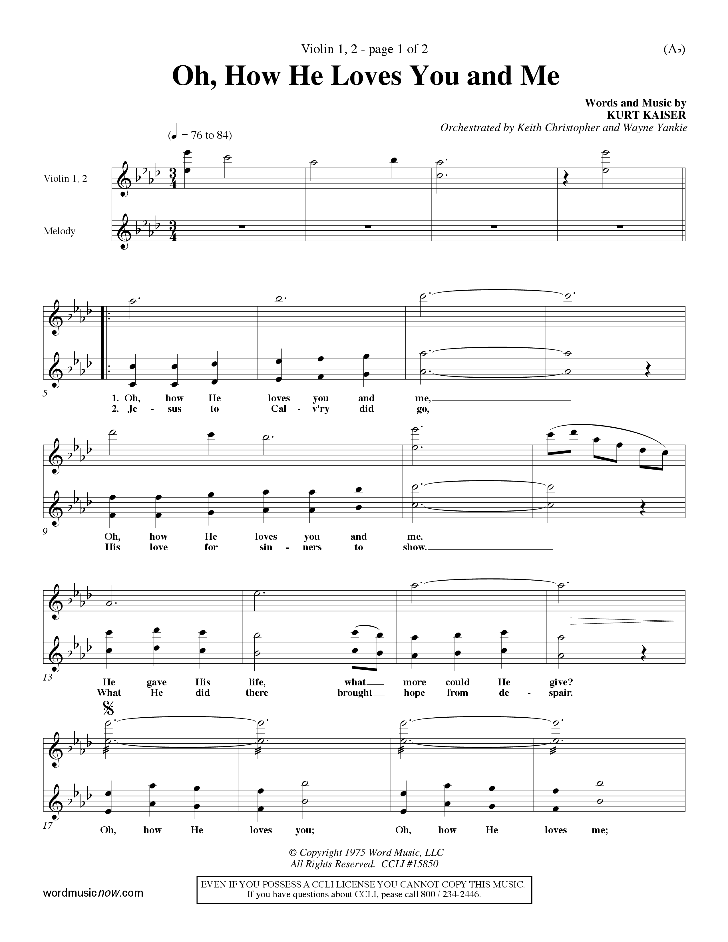 Oh How He Loves You And Me (Choral Anthem SATB) Violin 1/2 (Word Music Choral / Orch. Keith Christopher / Orch. Wayne Yankie)