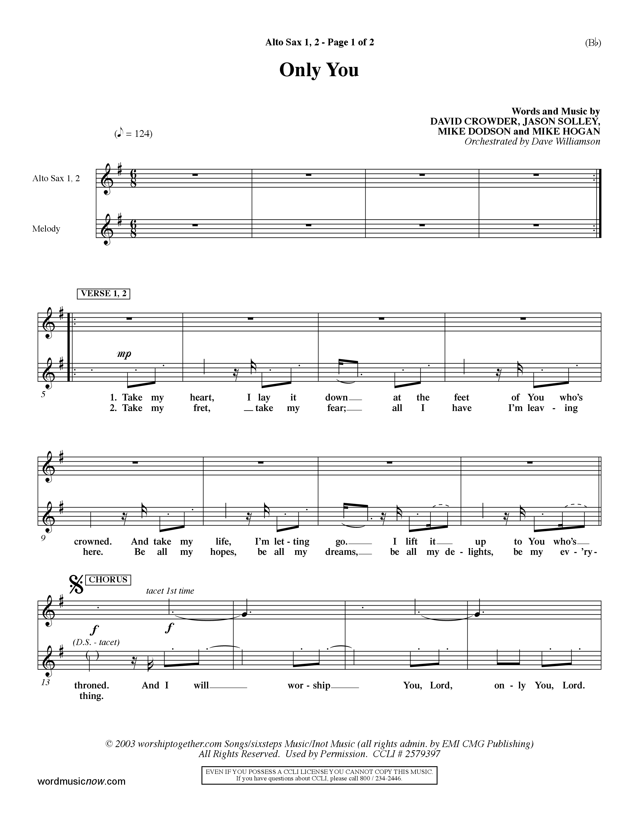 Only You (Choral Anthem SATB) Alto Sax 1/2 (Word Music Choral / Orch. Dave Williamson)