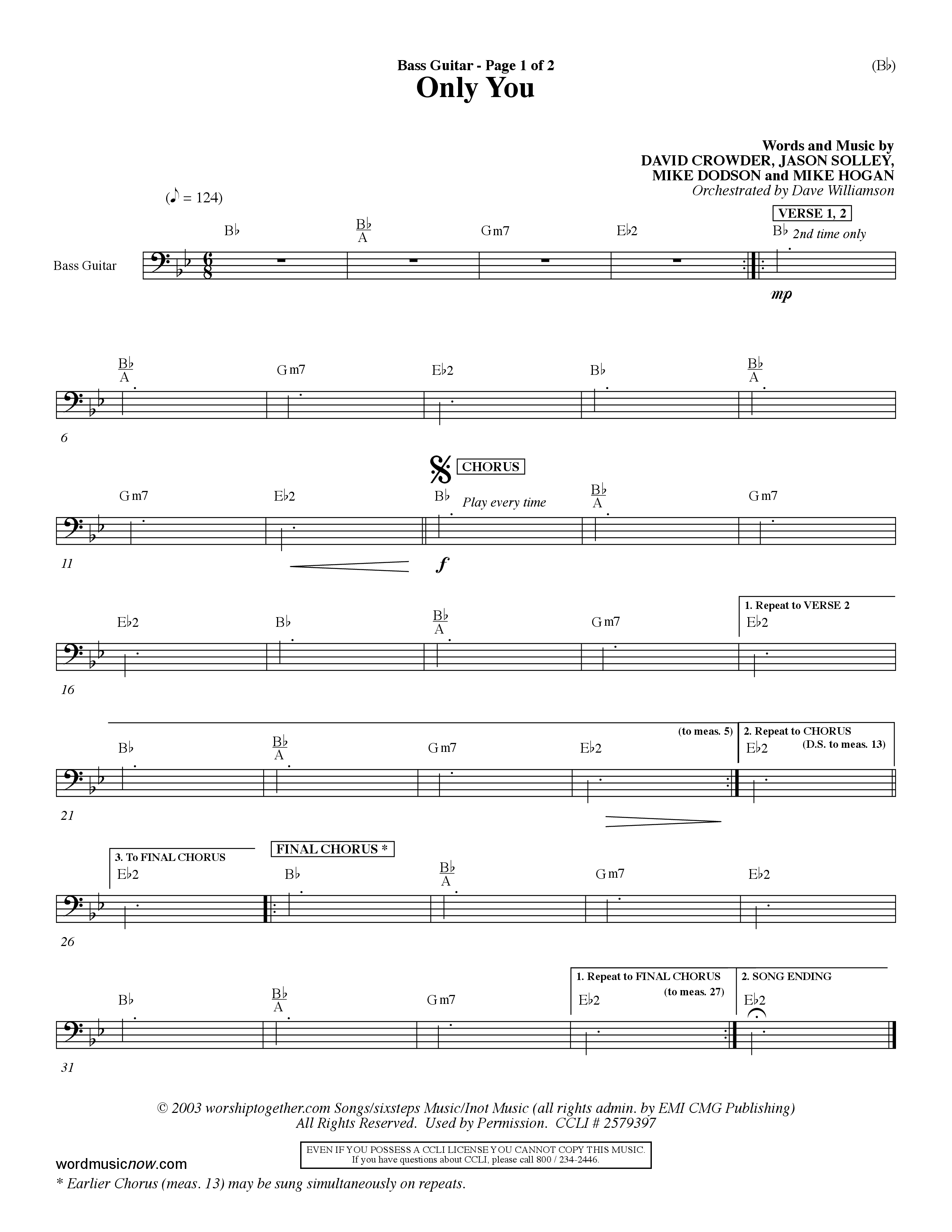 Only You (Choral Anthem SATB) Bass Guitar (Word Music Choral / Orch. Dave Williamson)