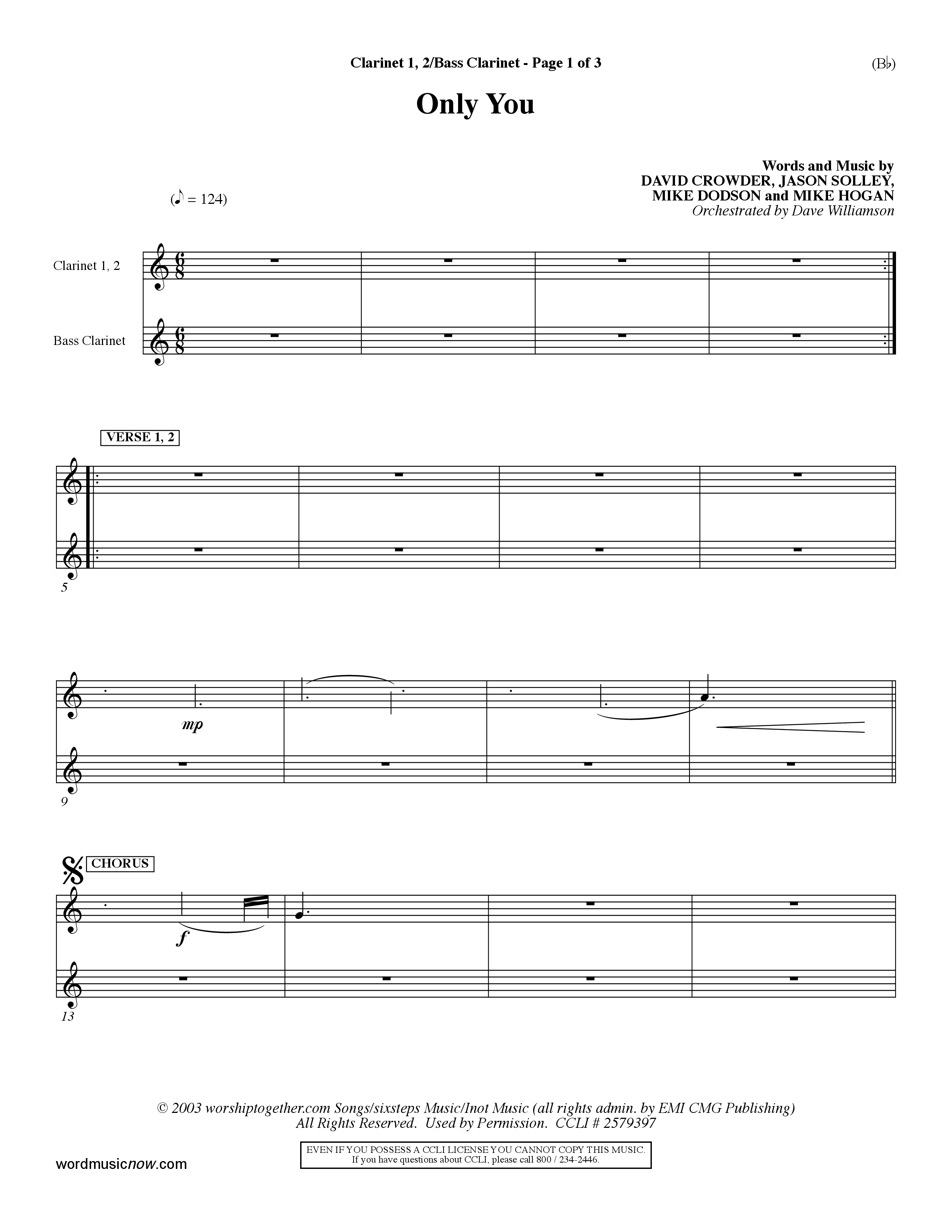 Only You (Choral Anthem SATB) Clarinet 1/2, Bass Clarinet (Word Music Choral / Orch. Dave Williamson)