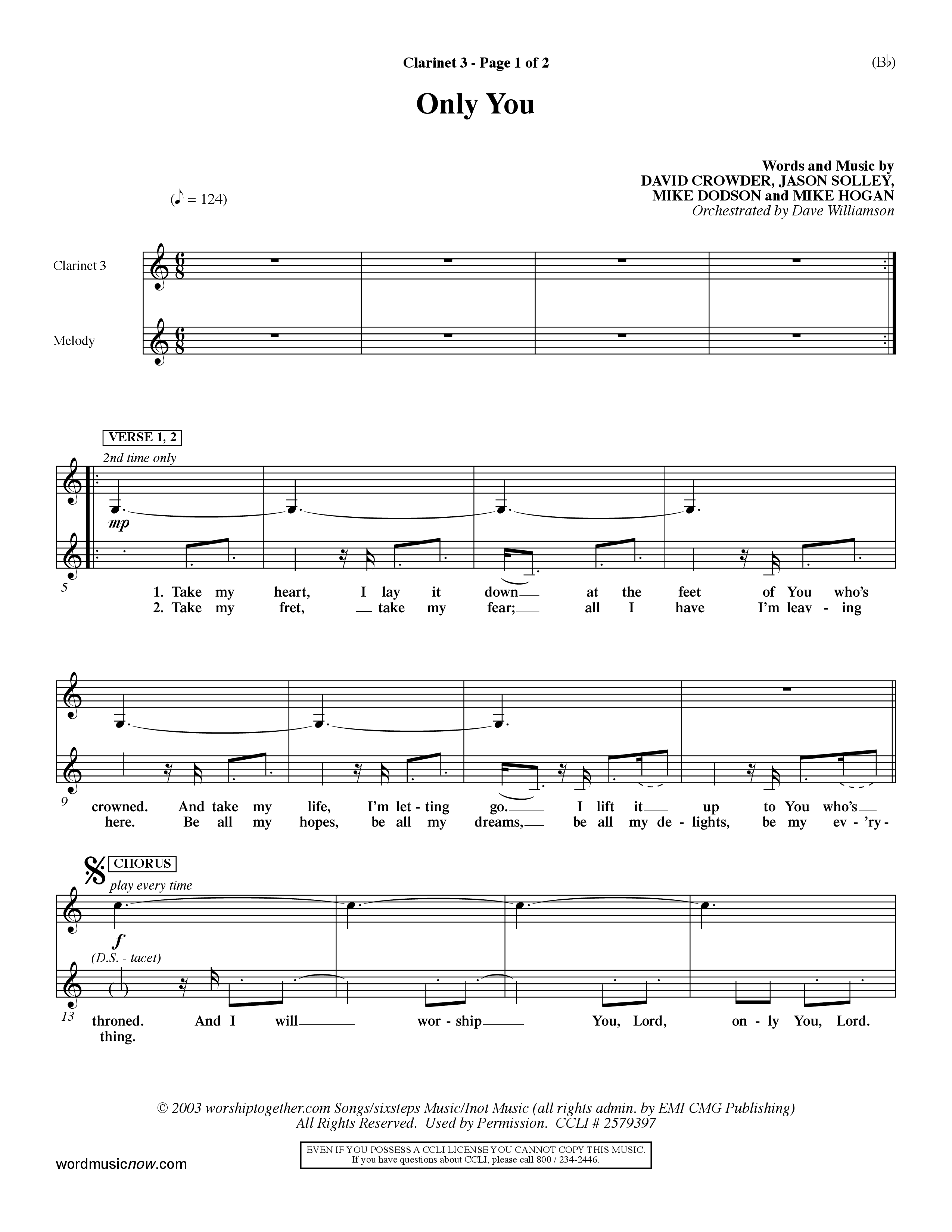 Only You (Choral Anthem SATB) Clarinet 3 (Word Music Choral / Orch. Dave Williamson)