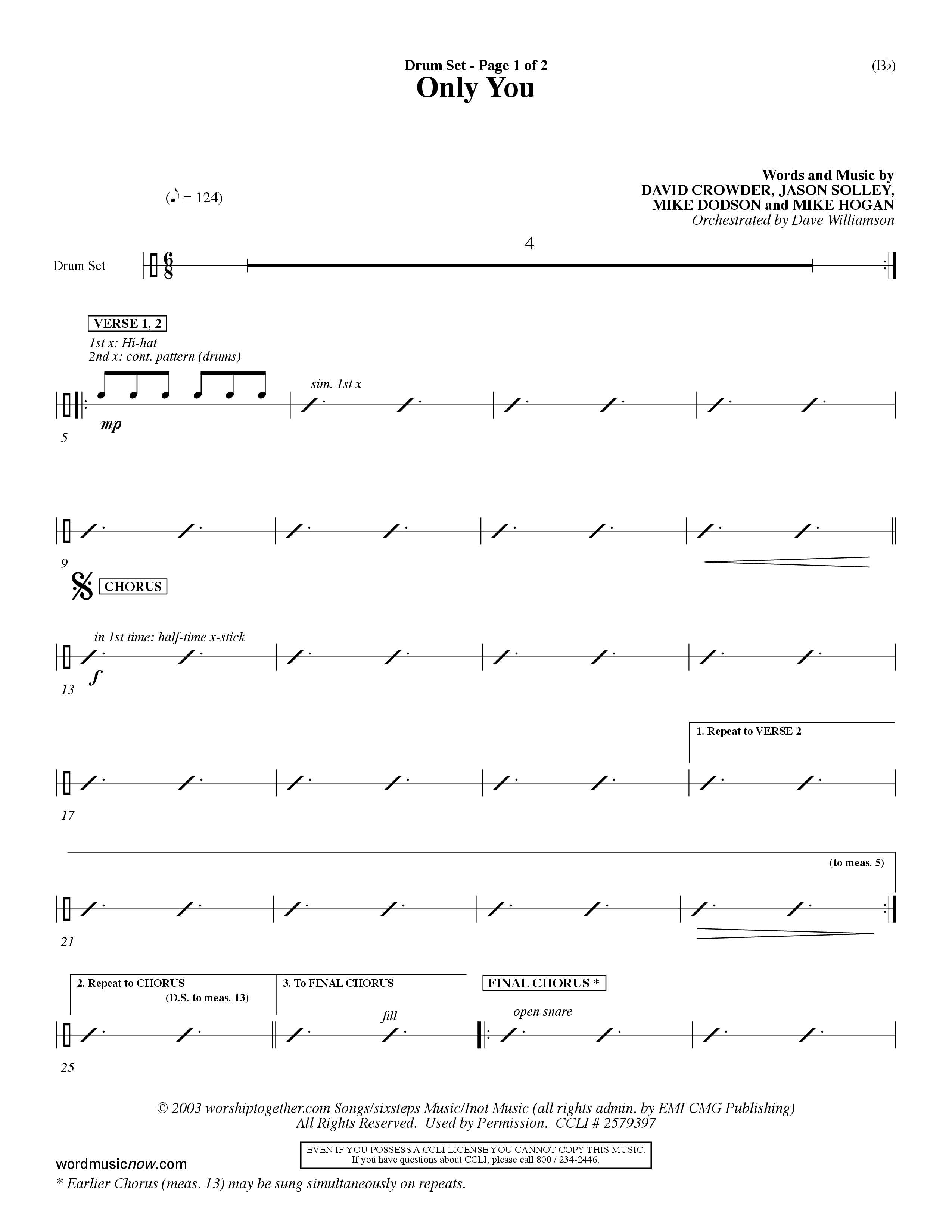 Only You (Choral Anthem SATB) Drum Set (Word Music Choral / Orch. Dave Williamson)