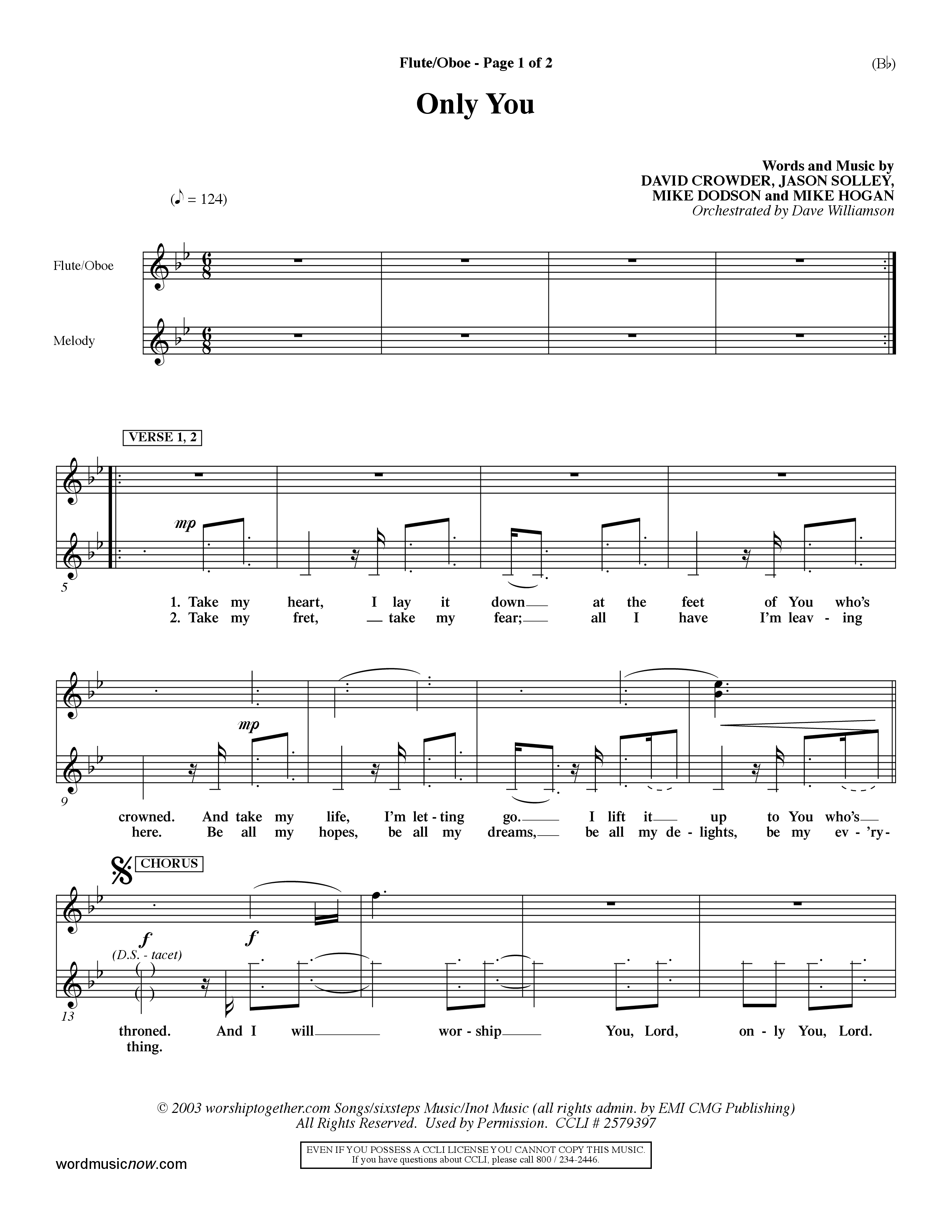 Only You (Choral Anthem SATB) Flute/Oboe (Word Music Choral / Orch. Dave Williamson)