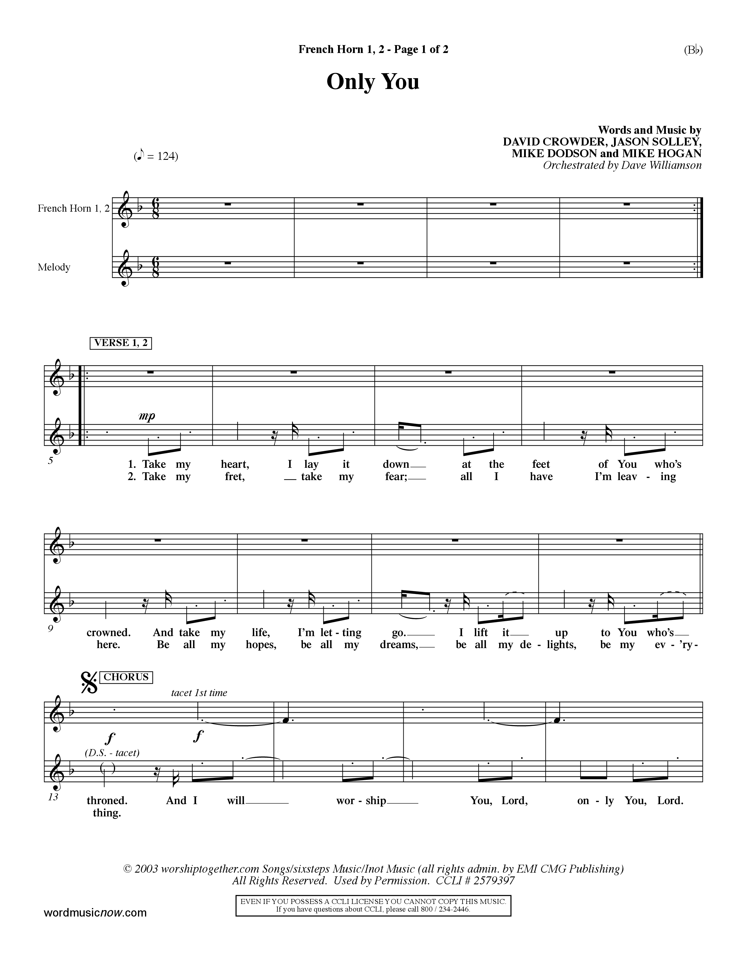 Only You (Choral Anthem SATB) French Horn (Word Music Choral / Orch. Dave Williamson)