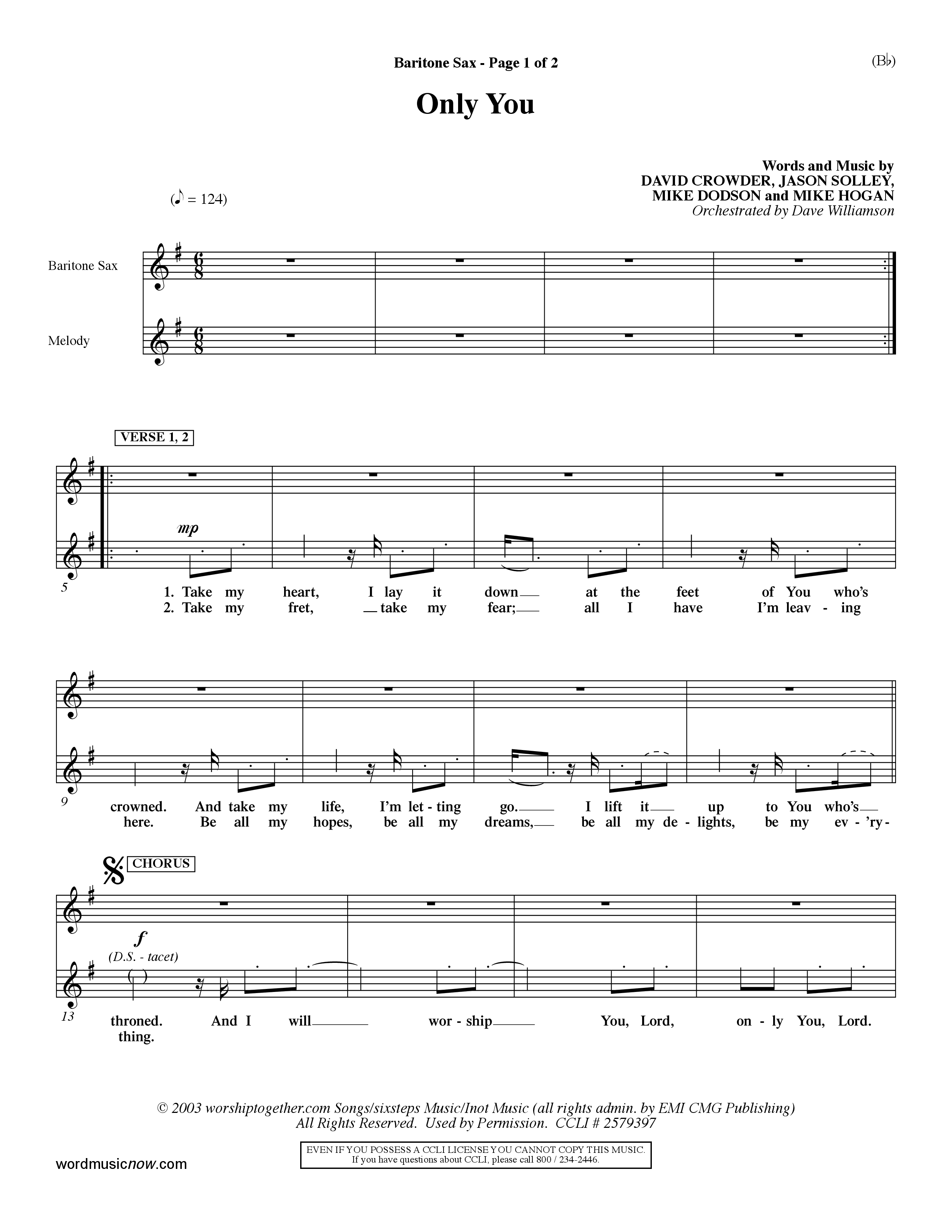 Only You (Choral Anthem SATB) Saxophone (Word Music Choral / Orch. Dave Williamson)