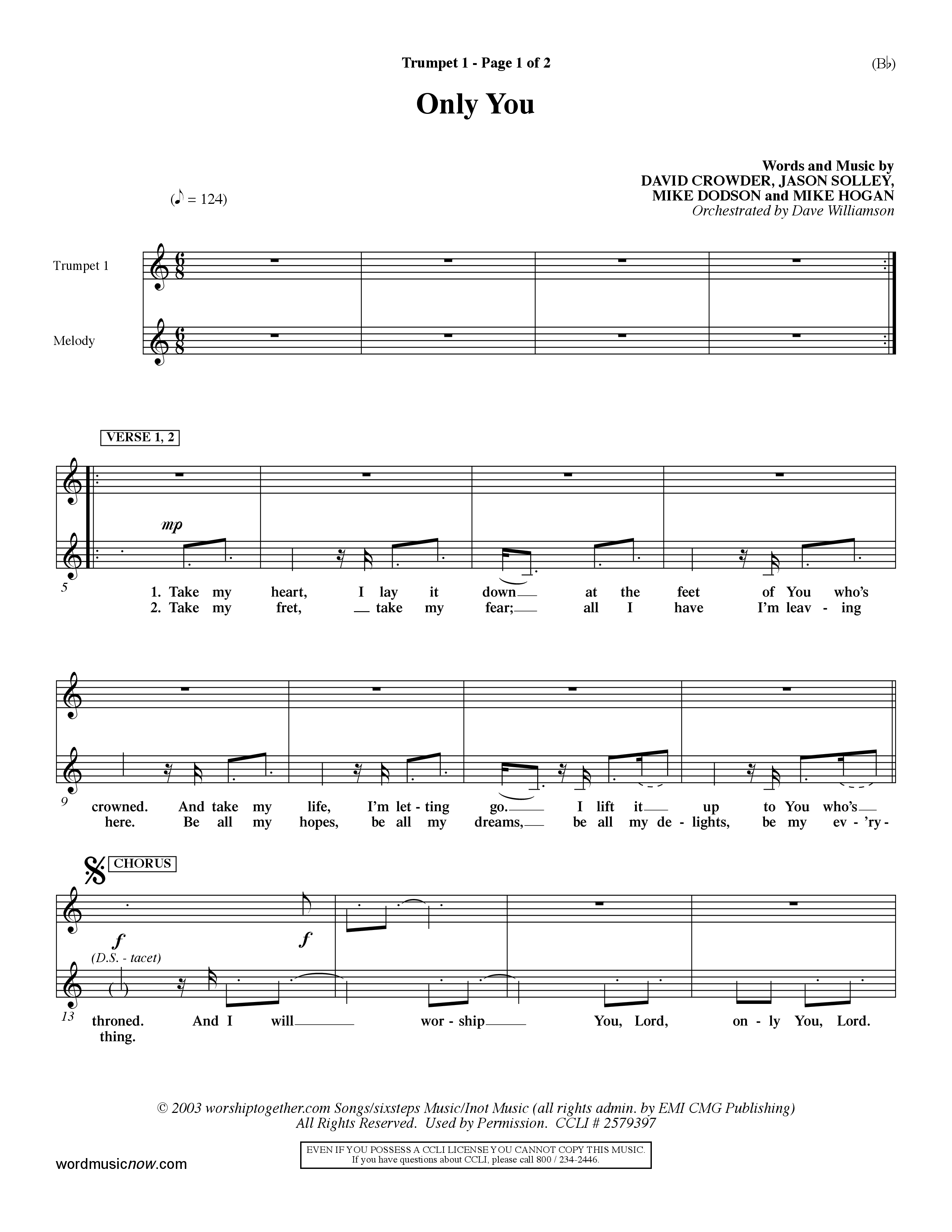 Only You (Choral Anthem SATB) Trumpet 1 (Word Music Choral / Orch. Dave Williamson)