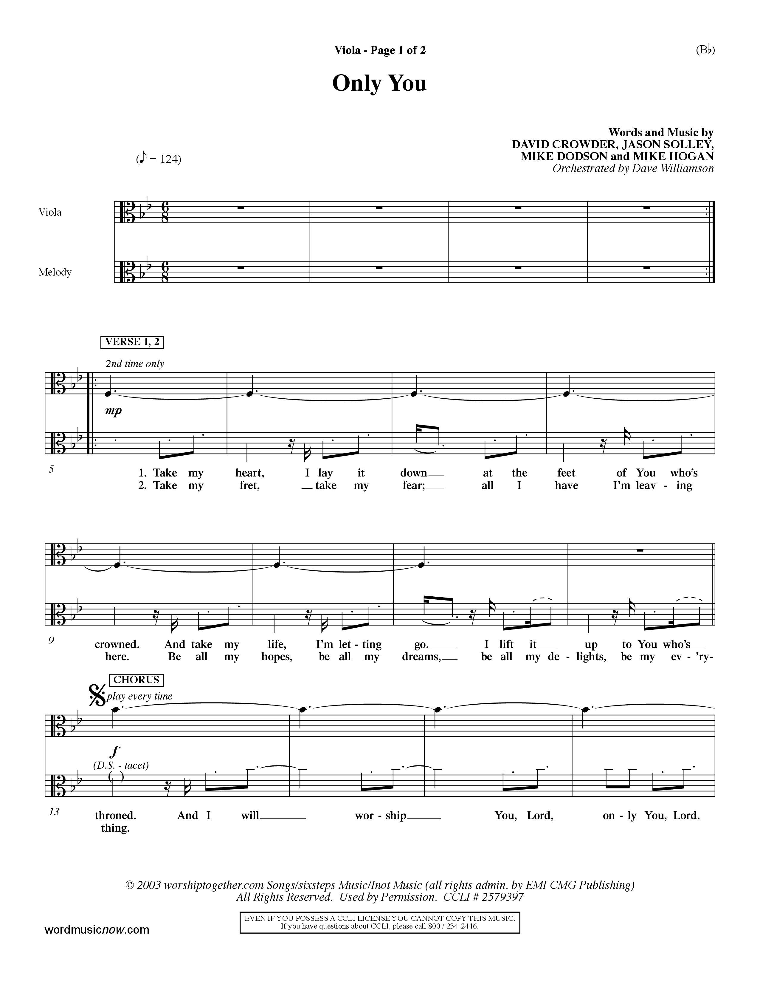 Only You (Choral Anthem SATB) Viola (Word Music Choral / Orch. Dave Williamson)