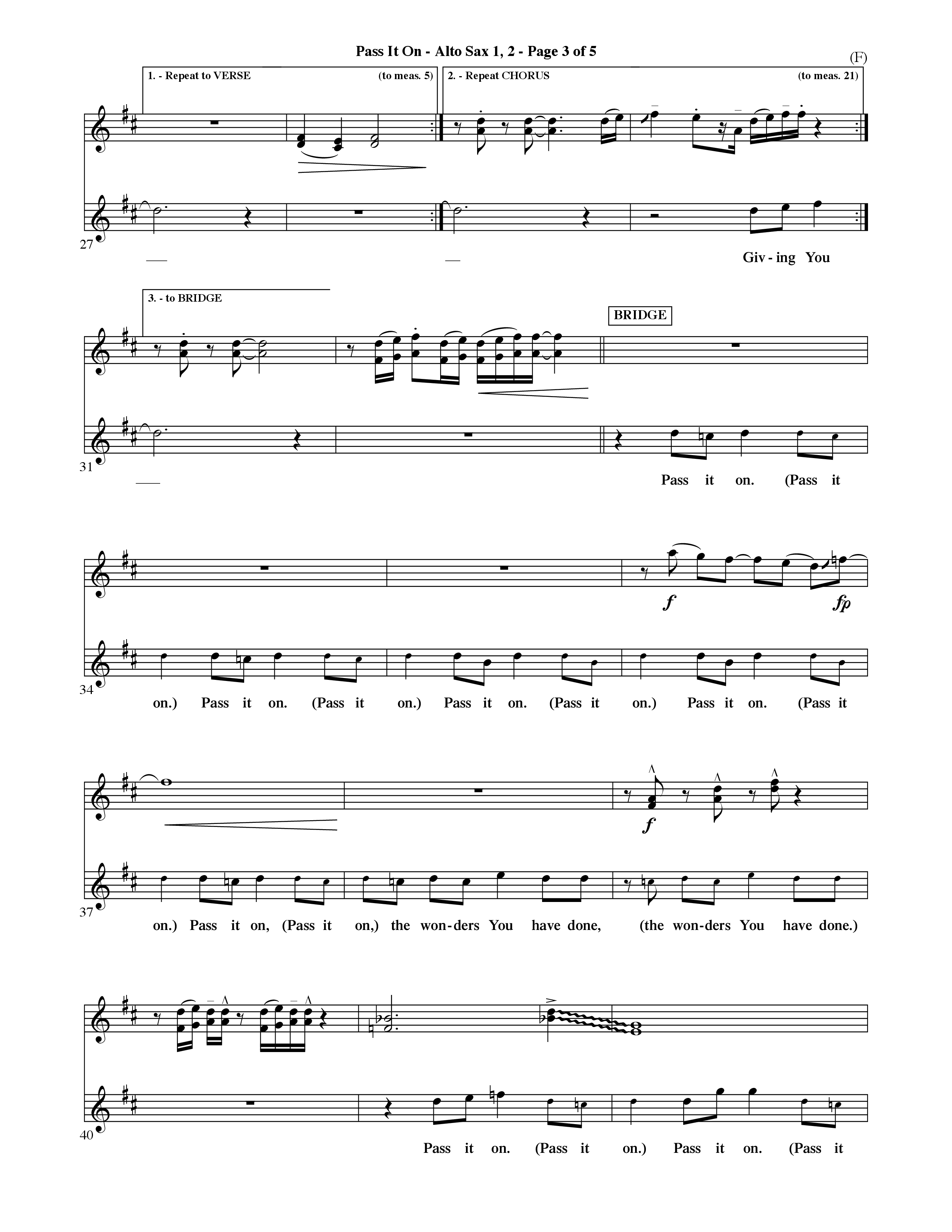Pass It On (Choral Anthem SATB) Alto Sax 1/2 (Word Music Choral / Orch. David Shipps)