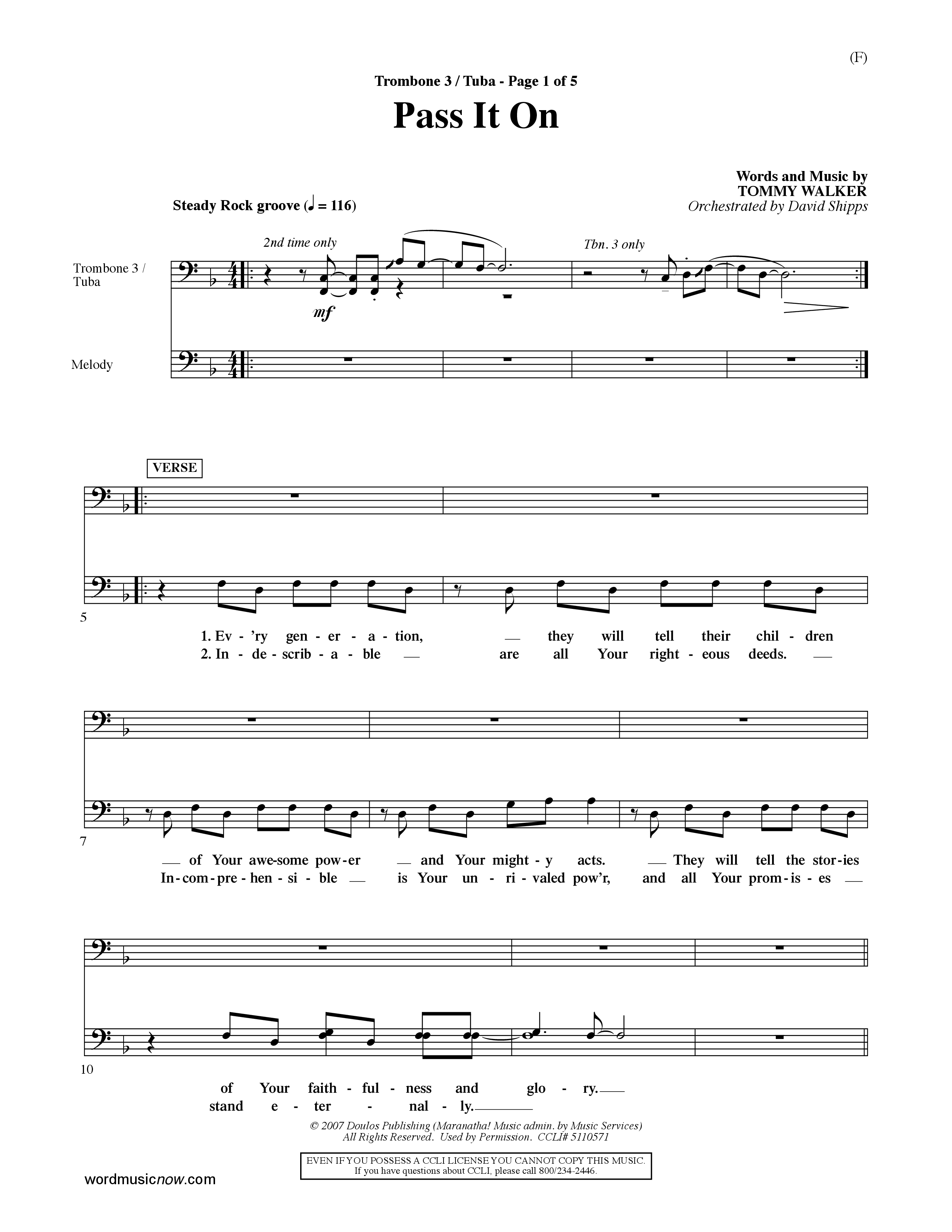 Pass It On (Choral Anthem SATB) Trombone 3/Tuba (Word Music Choral / Orch. David Shipps)
