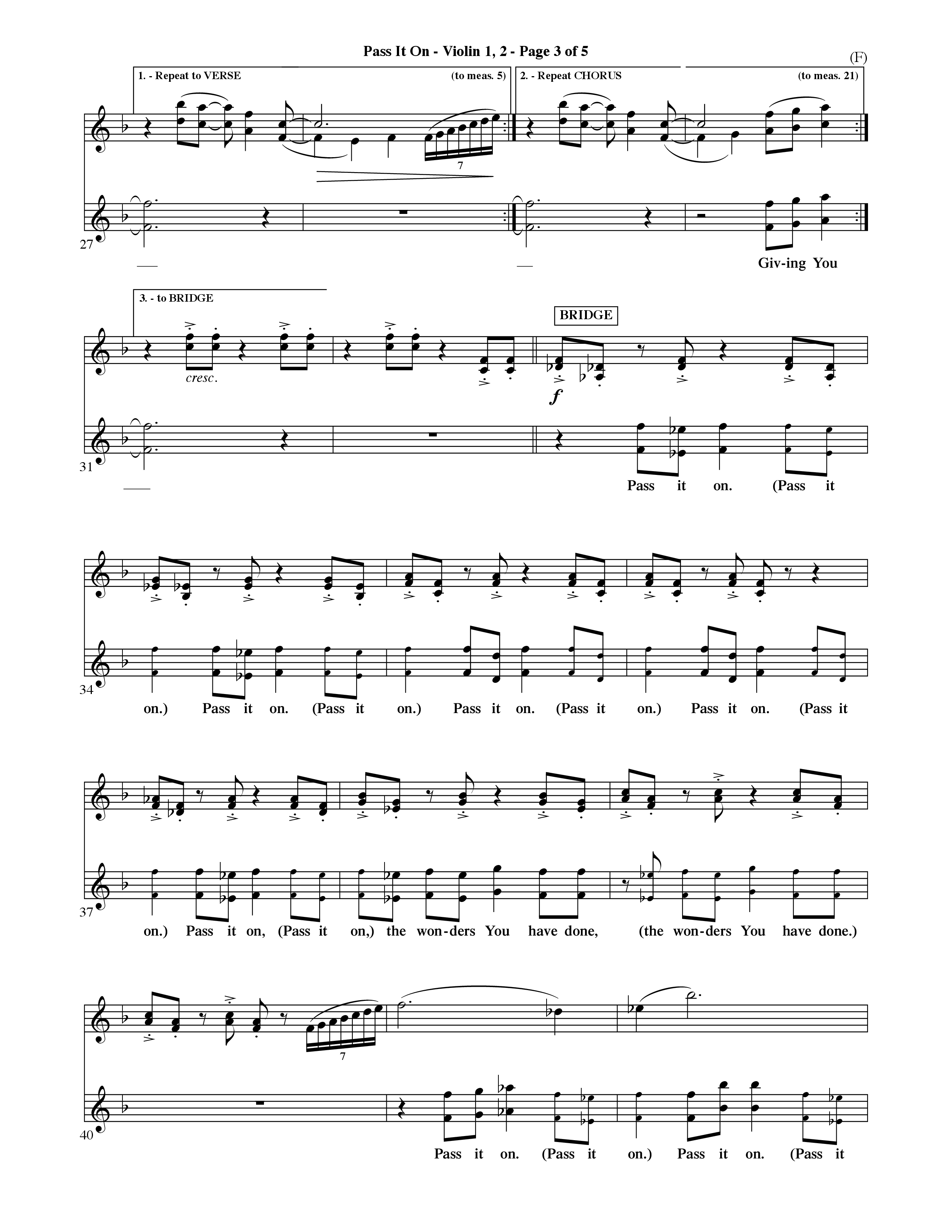 Pass It On (Choral Anthem SATB) Violin 1/2 (Word Music Choral / Orch. David Shipps)