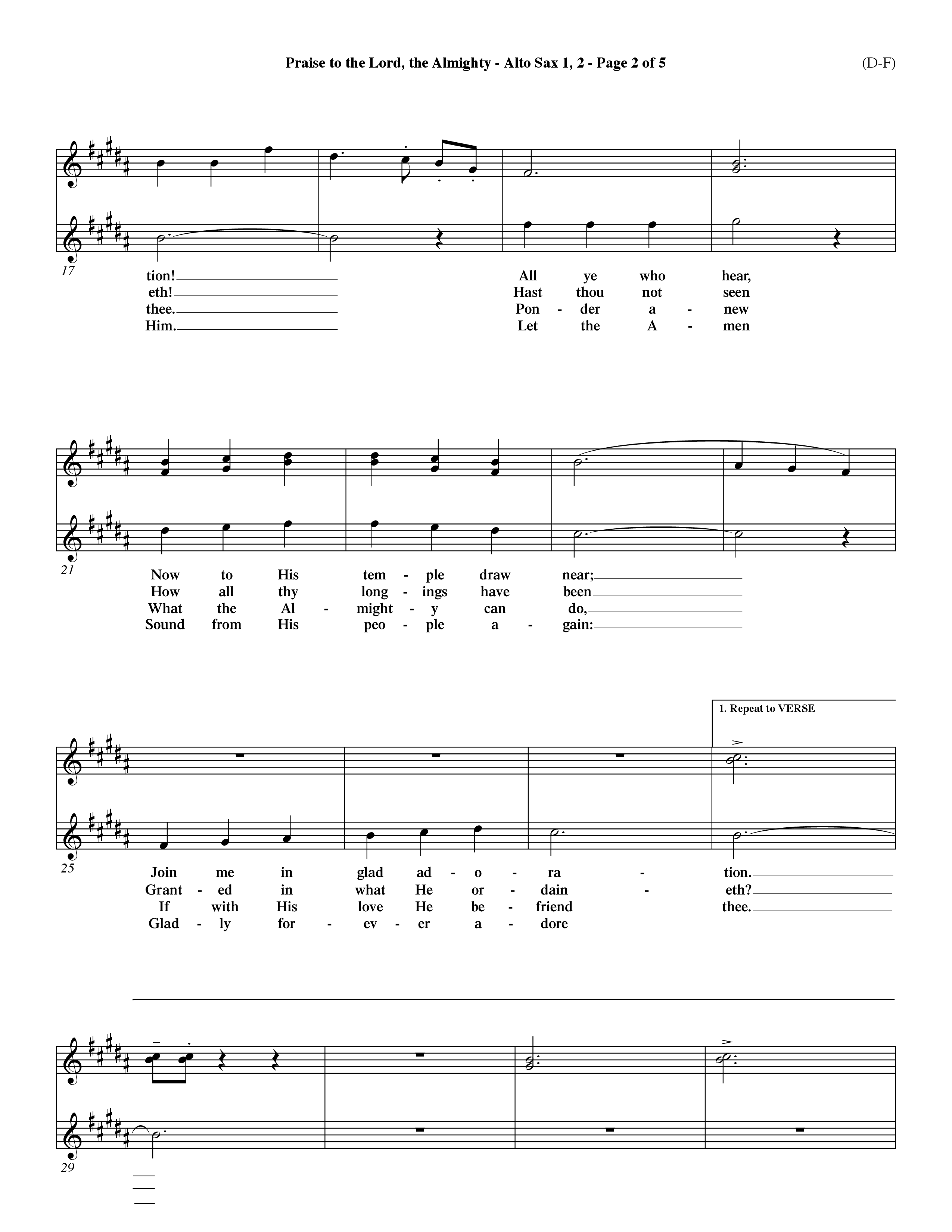Praise To The Lord The Almighty (Choral Anthem SATB) Alto Sax 1/2 (Word Music Choral / Arr. Travis Cottrell / Orch. Dave Williamson / Orch. Keith Christopher)