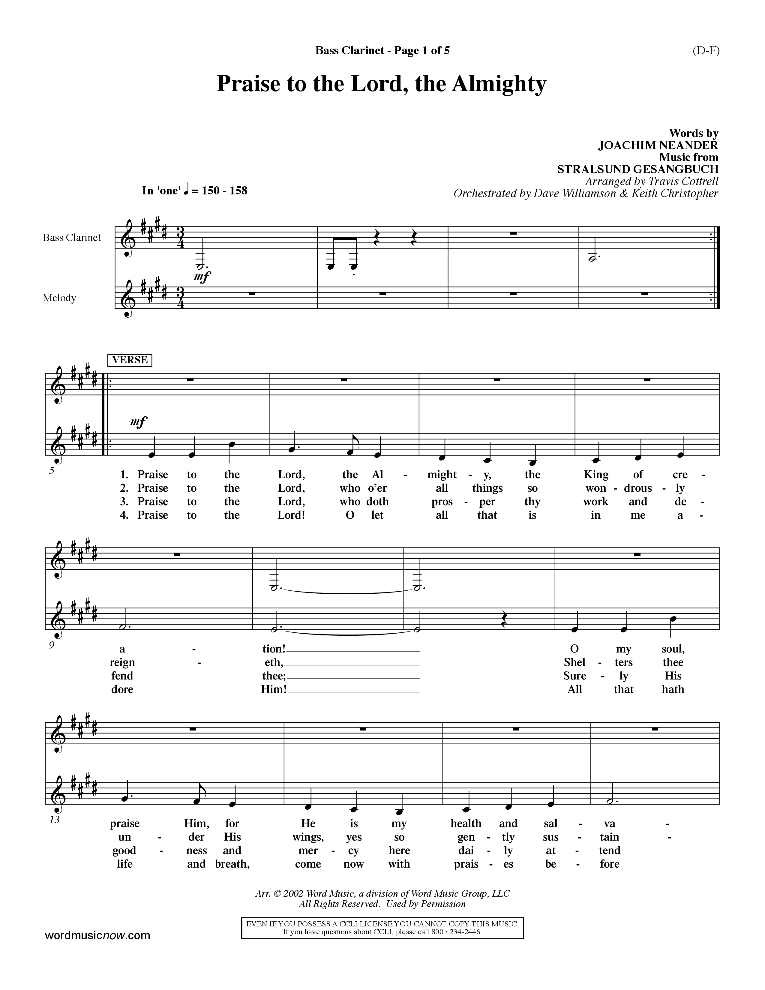 Praise To The Lord The Almighty (Choral Anthem SATB) Bass Clarinet (Word Music Choral / Arr. Travis Cottrell / Orch. Dave Williamson / Orch. Keith Christopher)
