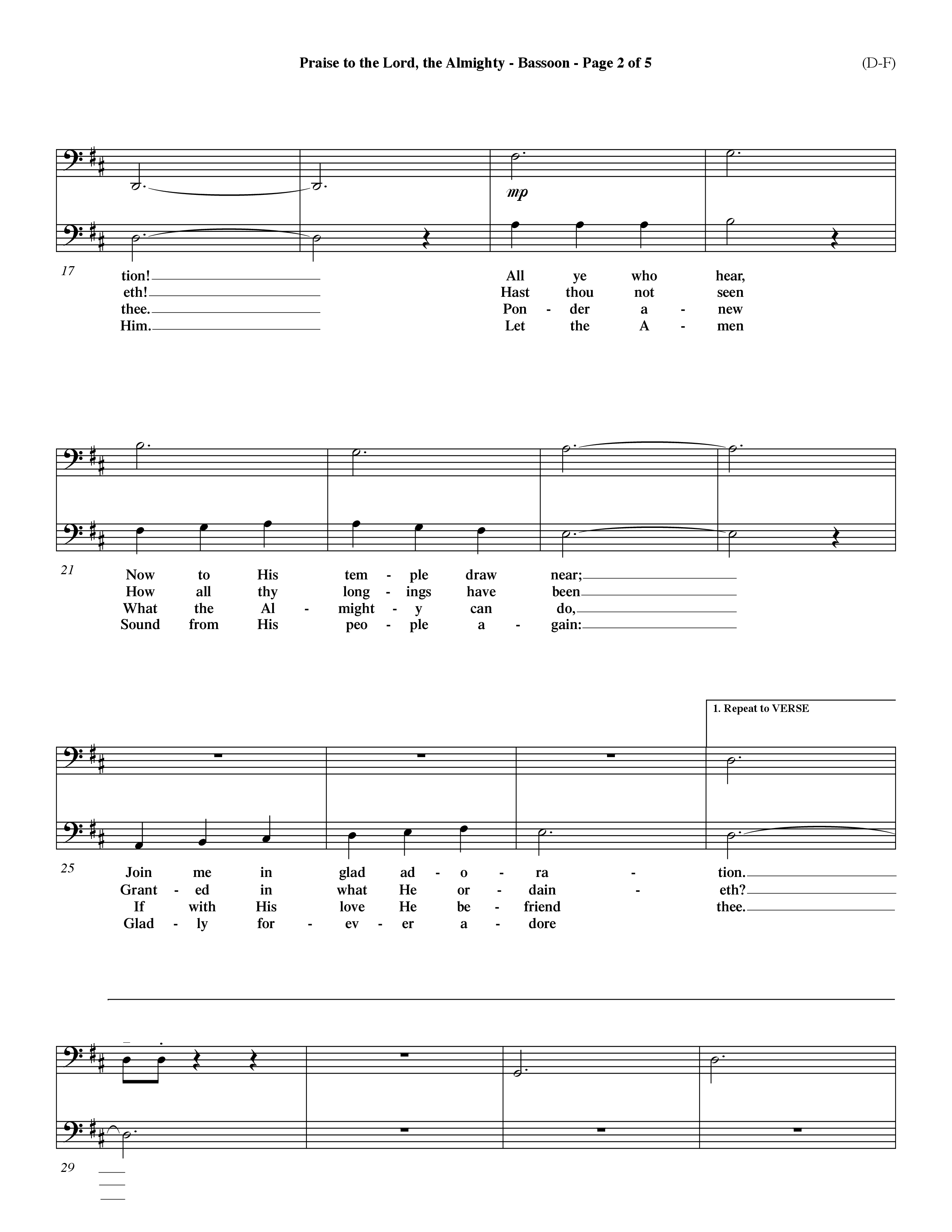 Praise To The Lord The Almighty (Choral Anthem SATB) Bassoon (Word Music Choral / Arr. Travis Cottrell / Orch. Dave Williamson / Orch. Keith Christopher)
