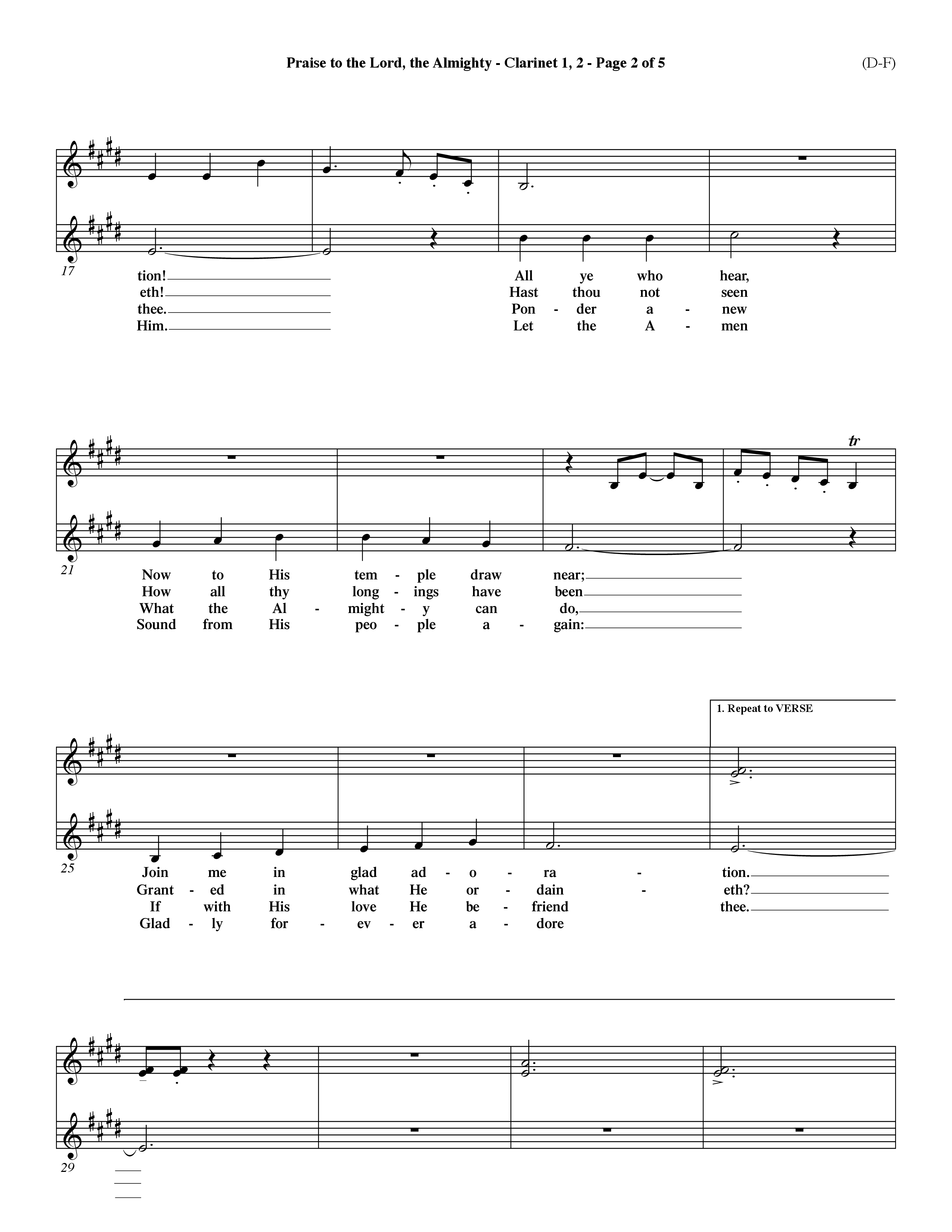 Praise To The Lord The Almighty (Choral Anthem SATB) Clarinet 1/2 (Word Music Choral / Arr. Travis Cottrell / Orch. Dave Williamson / Orch. Keith Christopher)