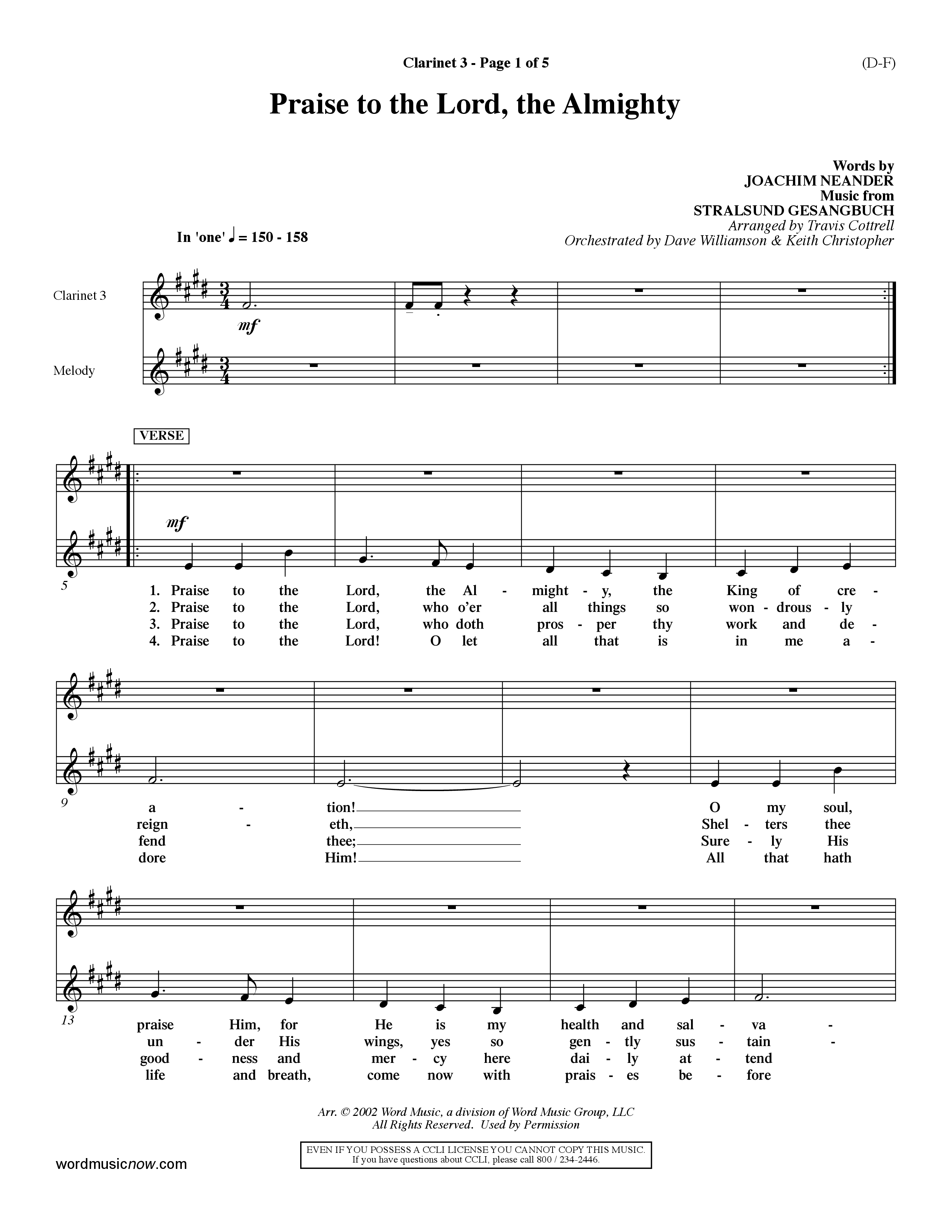 Praise To The Lord The Almighty (Choral Anthem SATB) Clarinet 3 (Word Music Choral / Arr. Travis Cottrell / Orch. Dave Williamson / Orch. Keith Christopher)