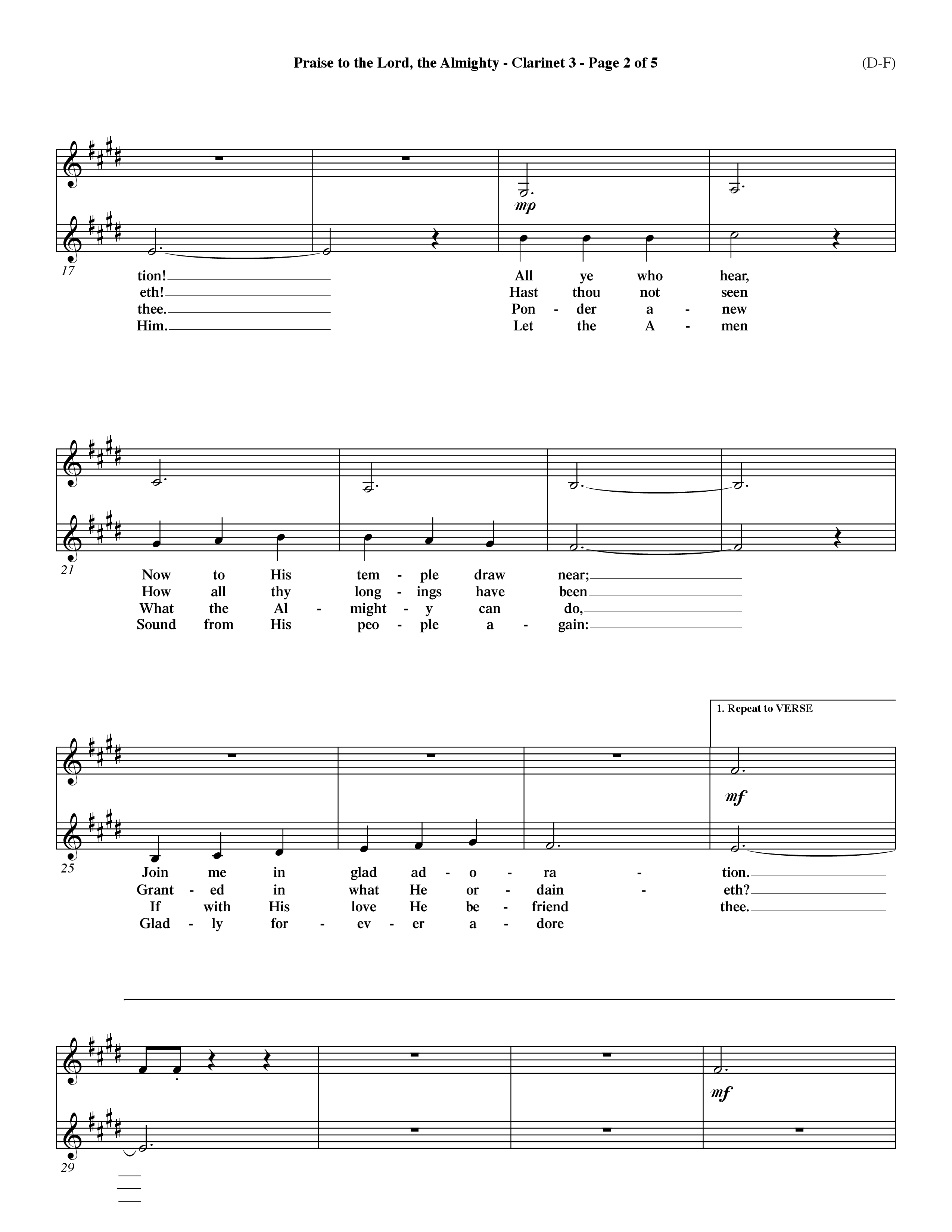 Praise To The Lord The Almighty (Choral Anthem SATB) Clarinet 3 (Word Music Choral / Arr. Travis Cottrell / Orch. Dave Williamson / Orch. Keith Christopher)