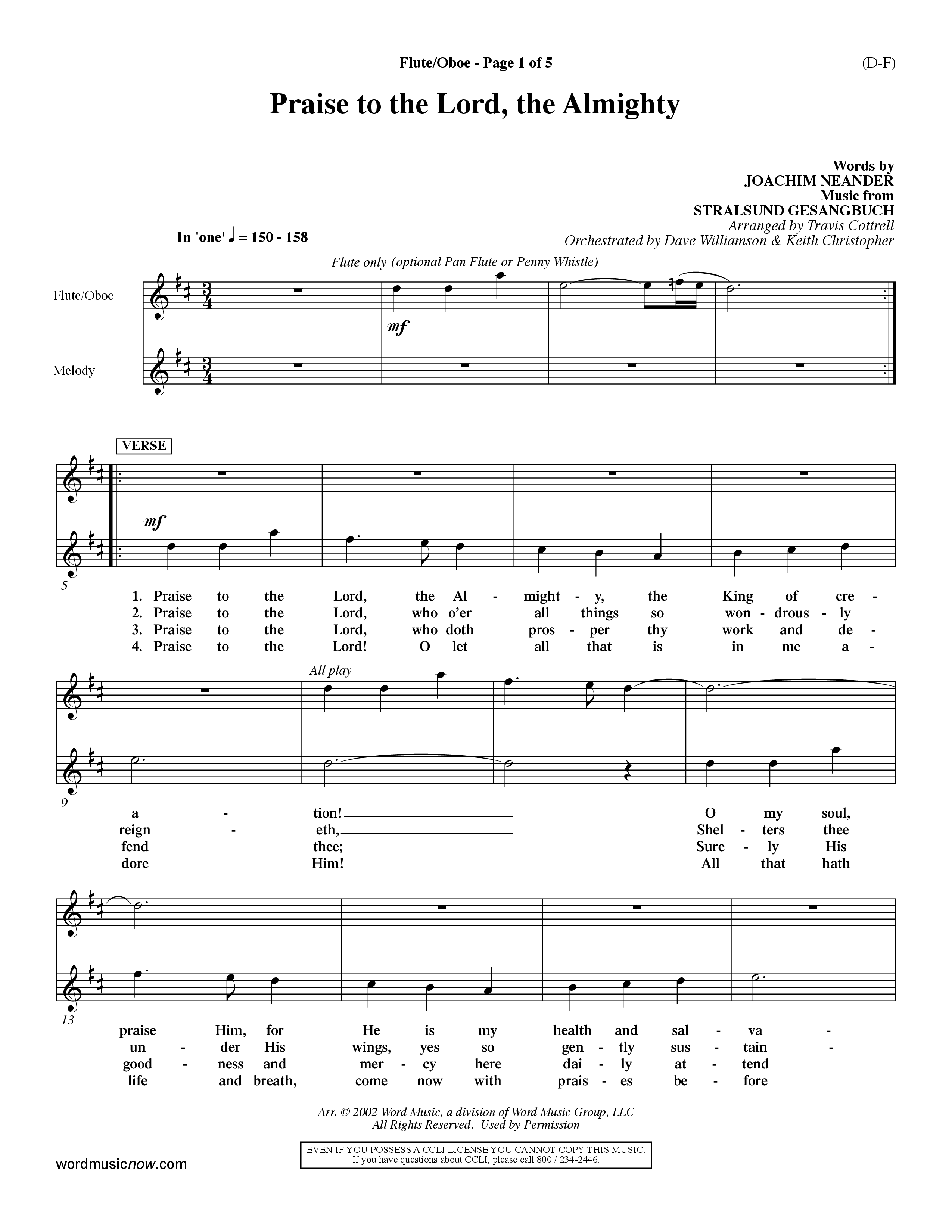 Praise To The Lord The Almighty (Choral Anthem SATB) Flute/Oboe (Word Music Choral / Arr. Travis Cottrell / Orch. Dave Williamson / Orch. Keith Christopher)