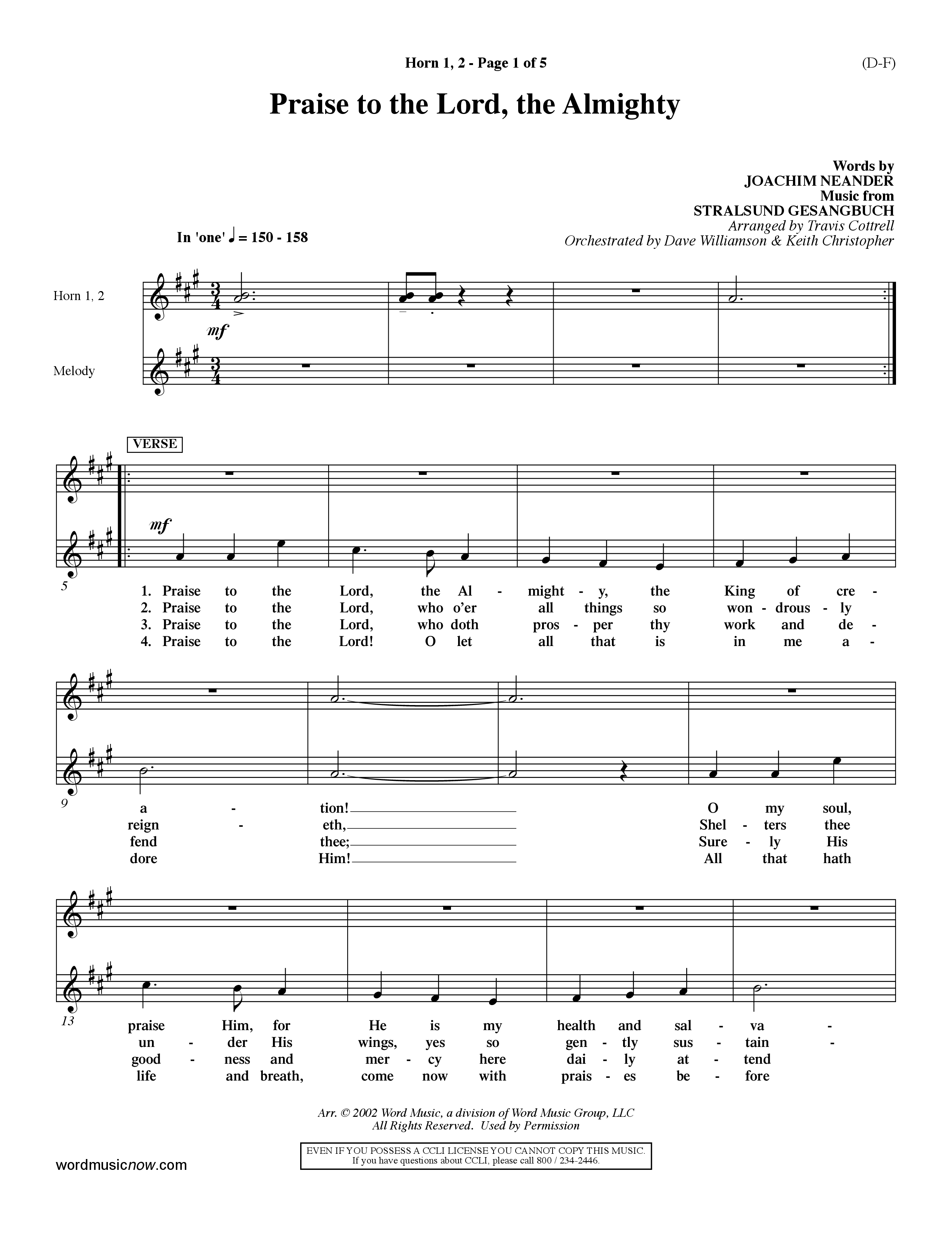 Praise To The Lord The Almighty (Choral Anthem SATB) French Horn (Word Music Choral / Arr. Travis Cottrell / Orch. Dave Williamson / Orch. Keith Christopher)
