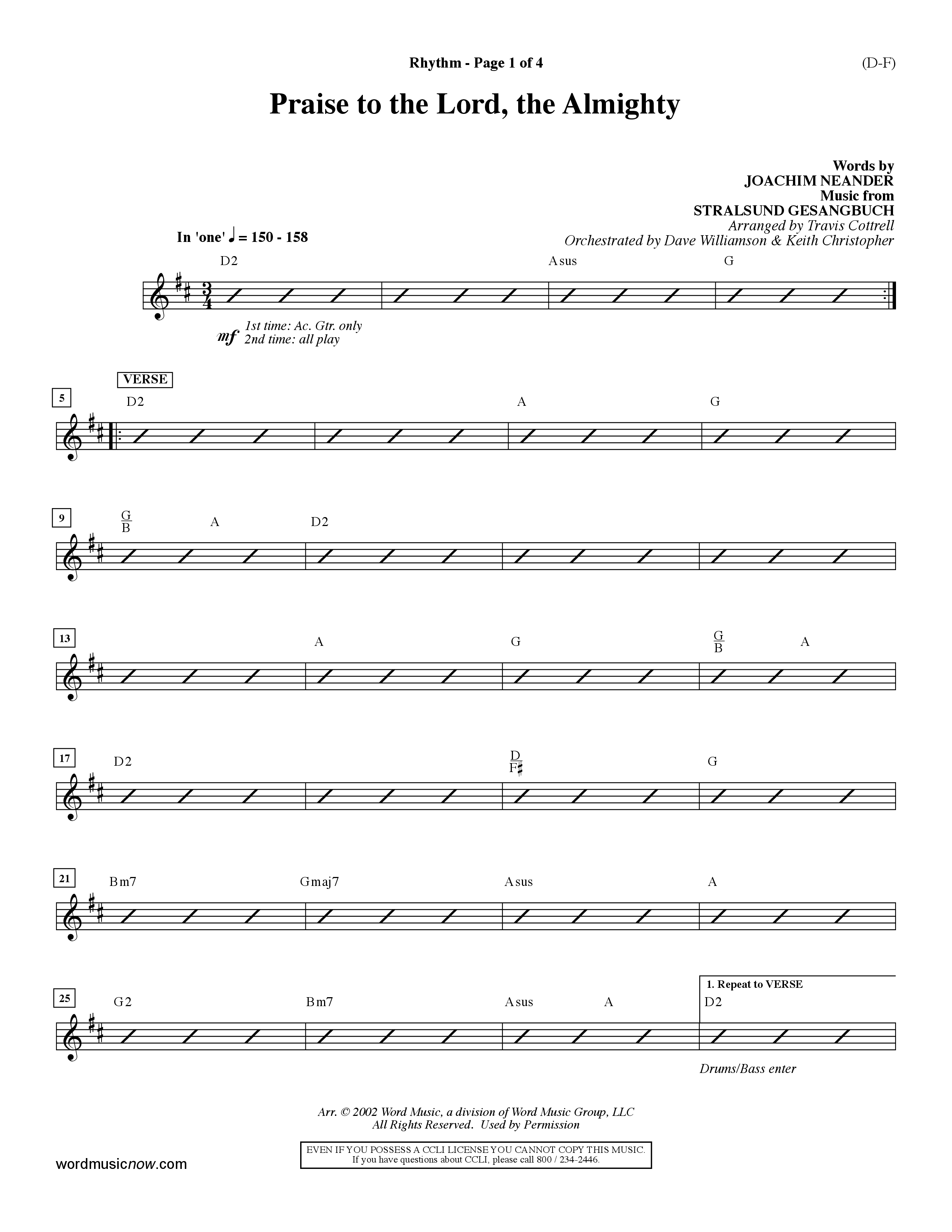 Praise To The Lord The Almighty (Choral Anthem SATB) Rhythm Chart (Word Music Choral / Arr. Travis Cottrell / Orch. Dave Williamson / Orch. Keith Christopher)
